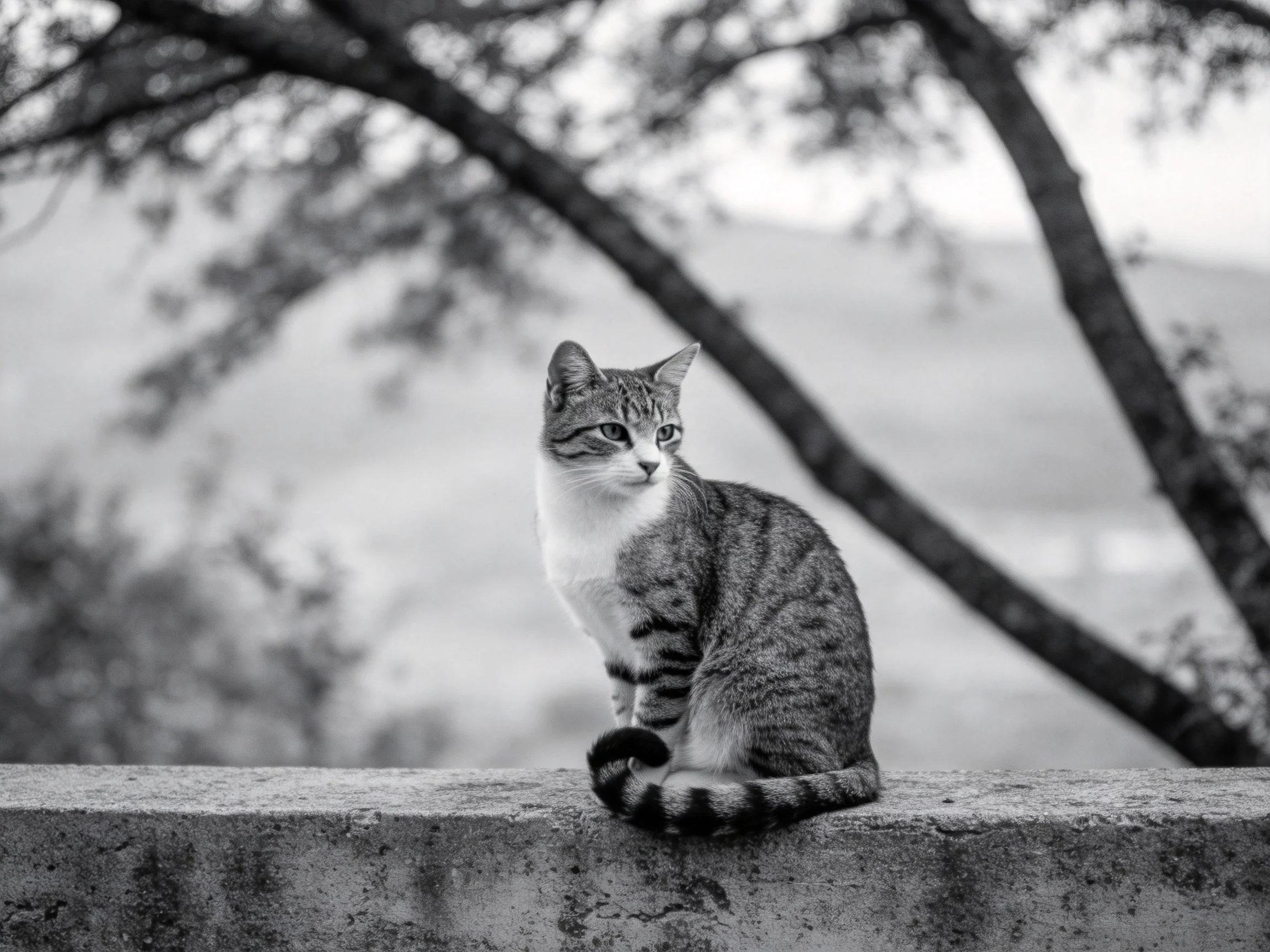 A tabby cat sits on a weathered concrete ledge with blurred trees