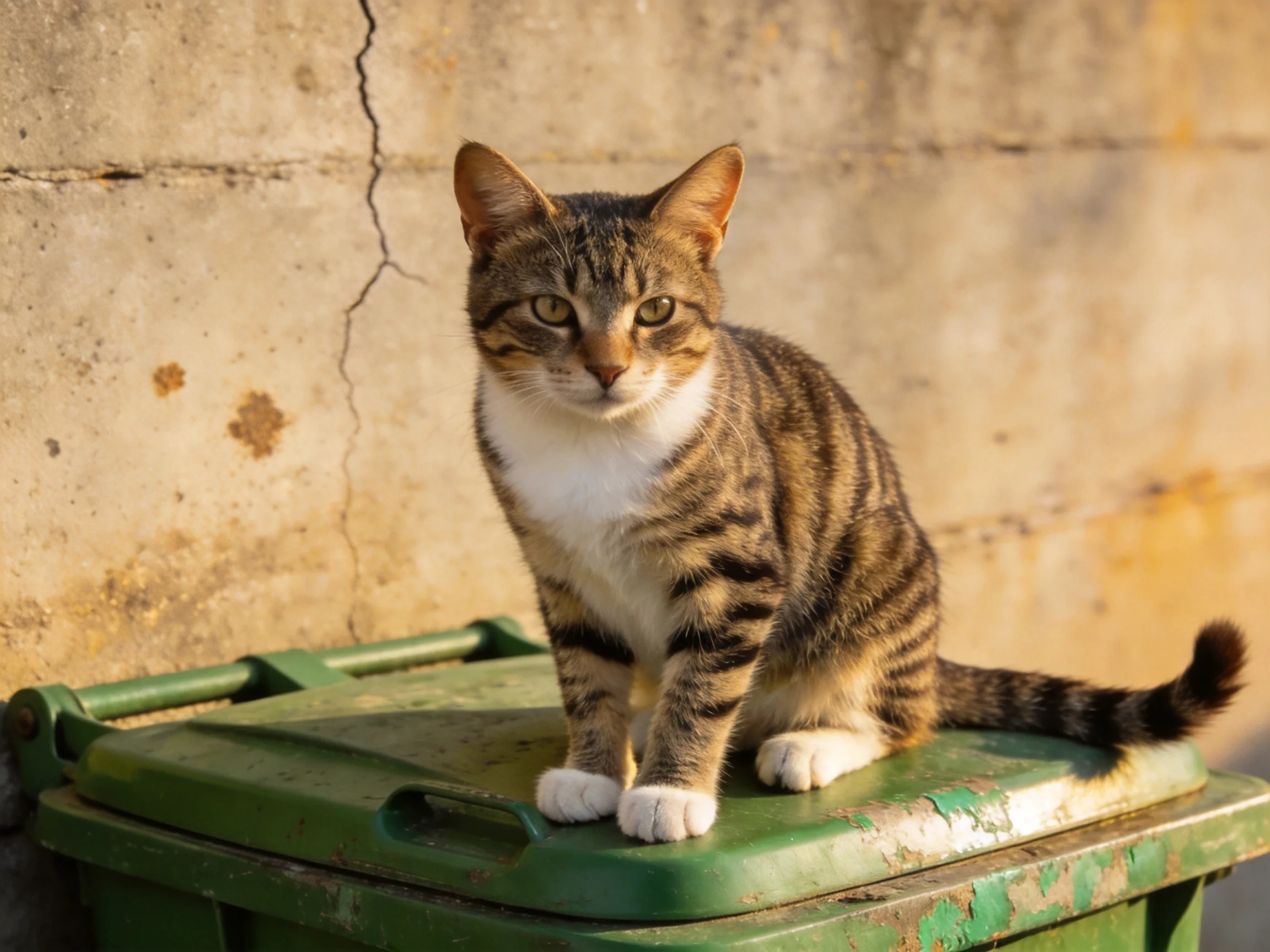 A tabby cat sits on a green trash bin next to a cracked concrete wall.