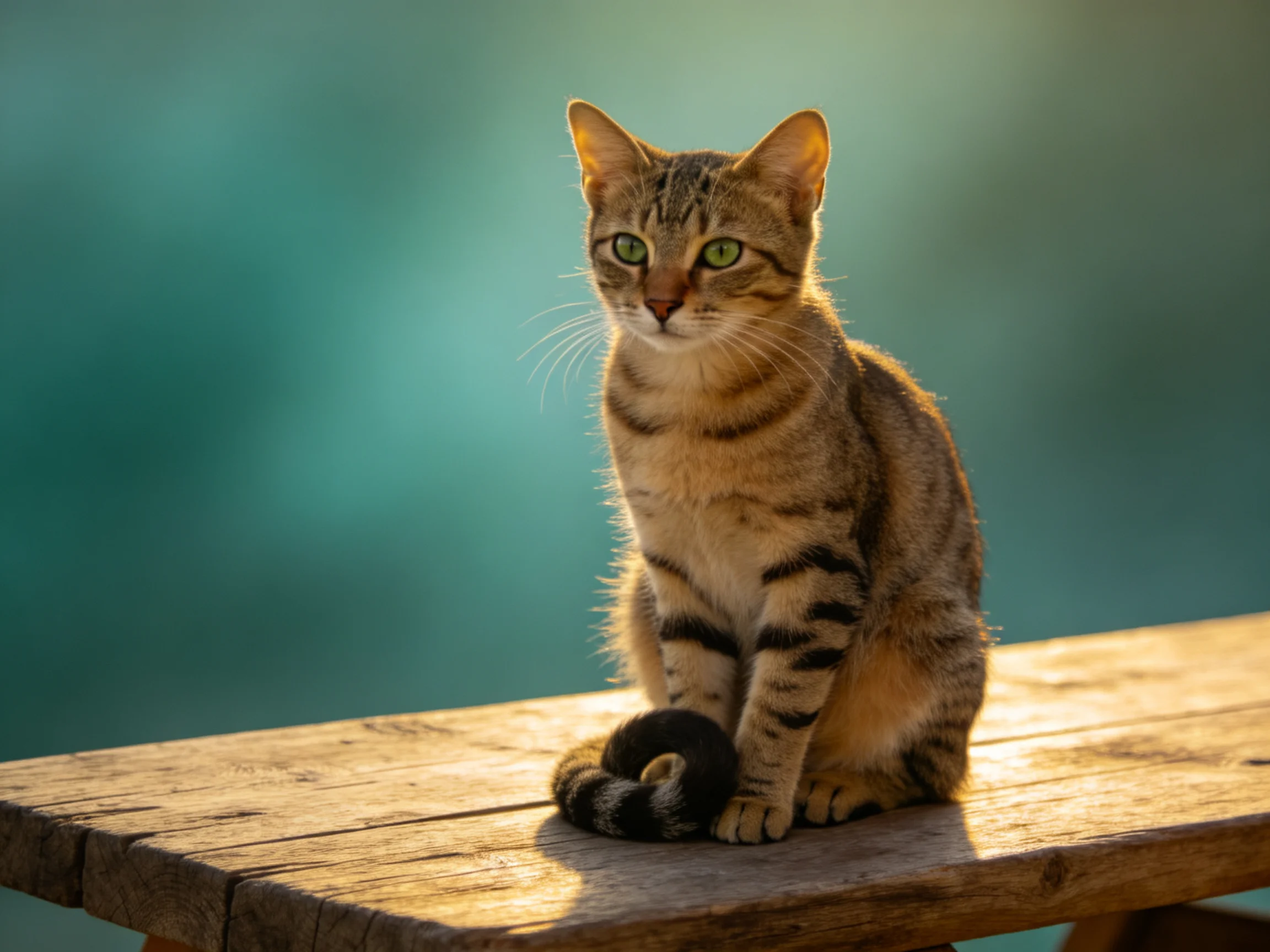 A tabby cat sits on a weathered wooden bench with a teal blurred background
