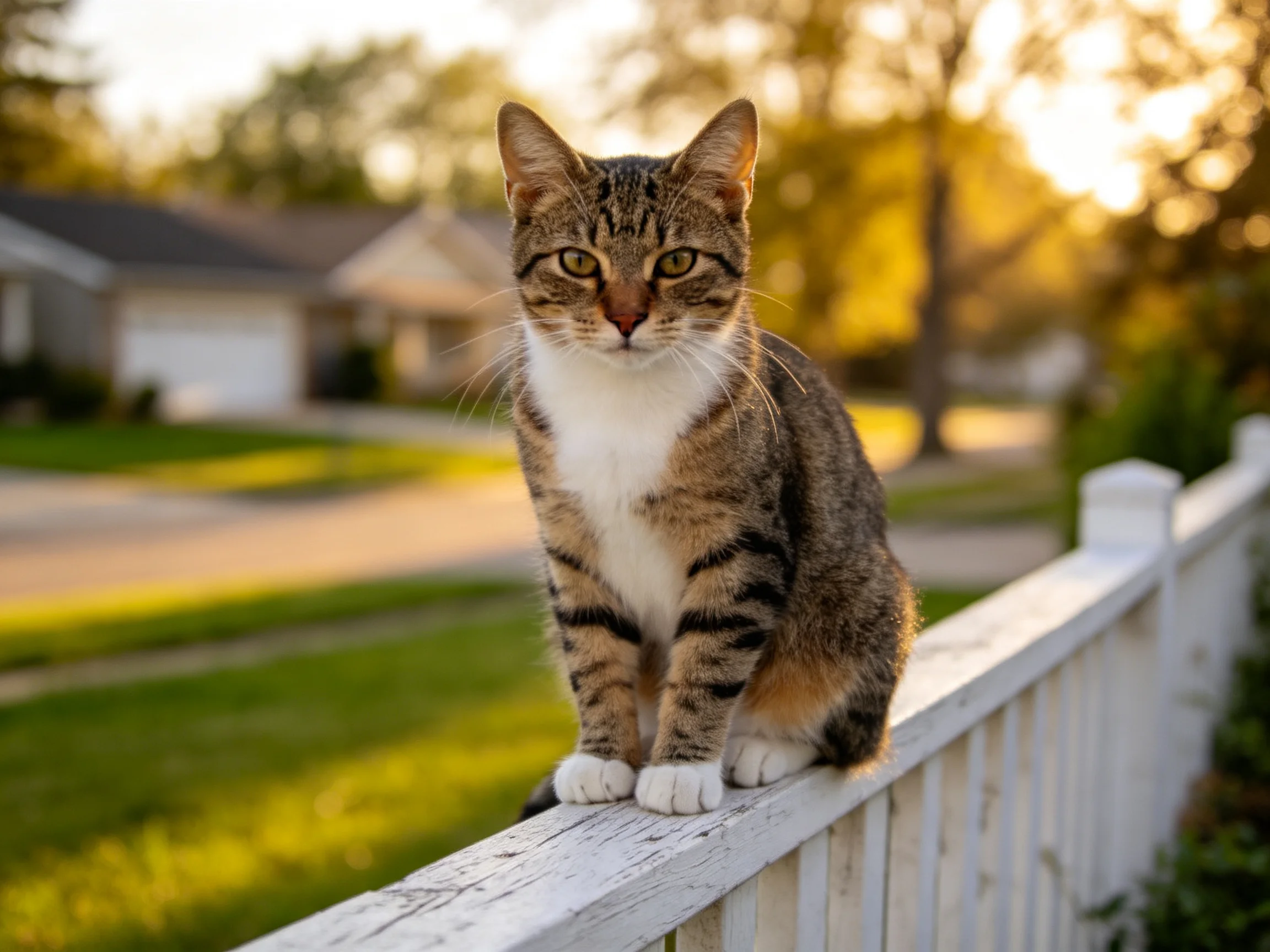 A tabby cat sits on a white fence in a sunlit suburban area