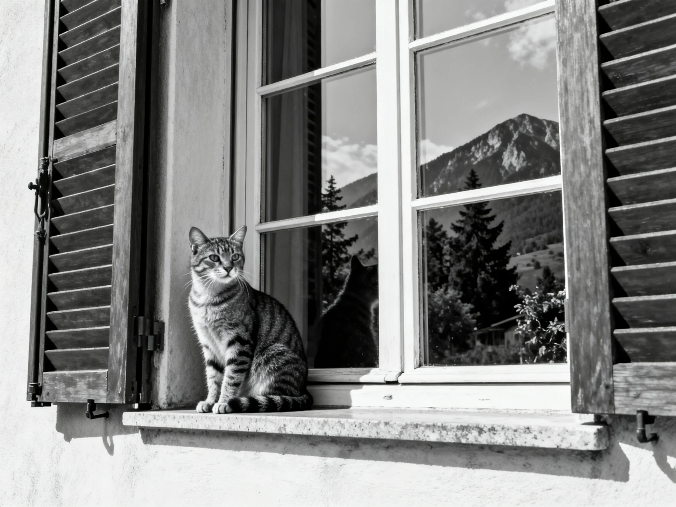 A tabby cat sits on a windowsill with mountain landscape reflected
