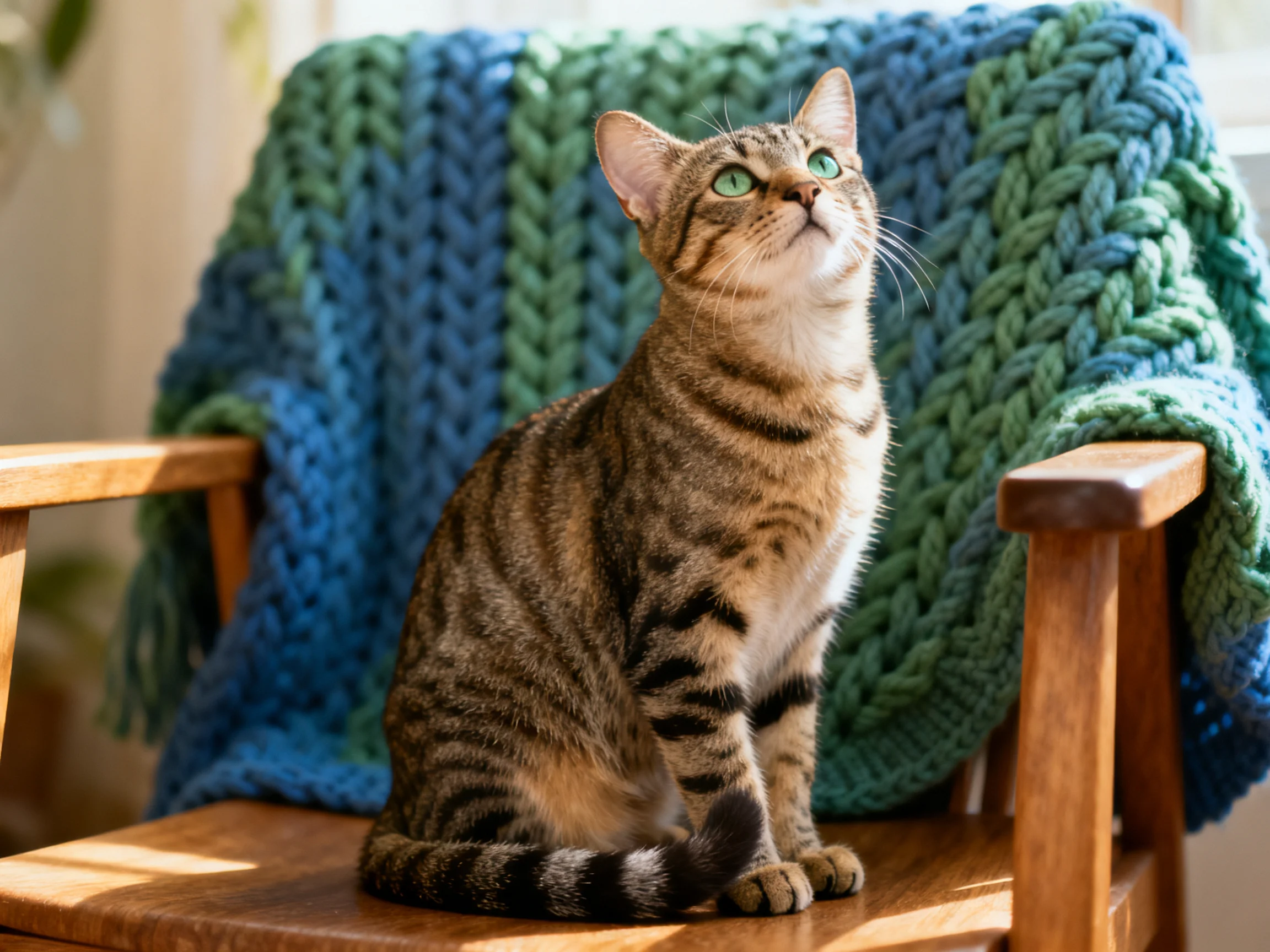 A tabby cat sits on a wooden chair with blue-green knitted blankets