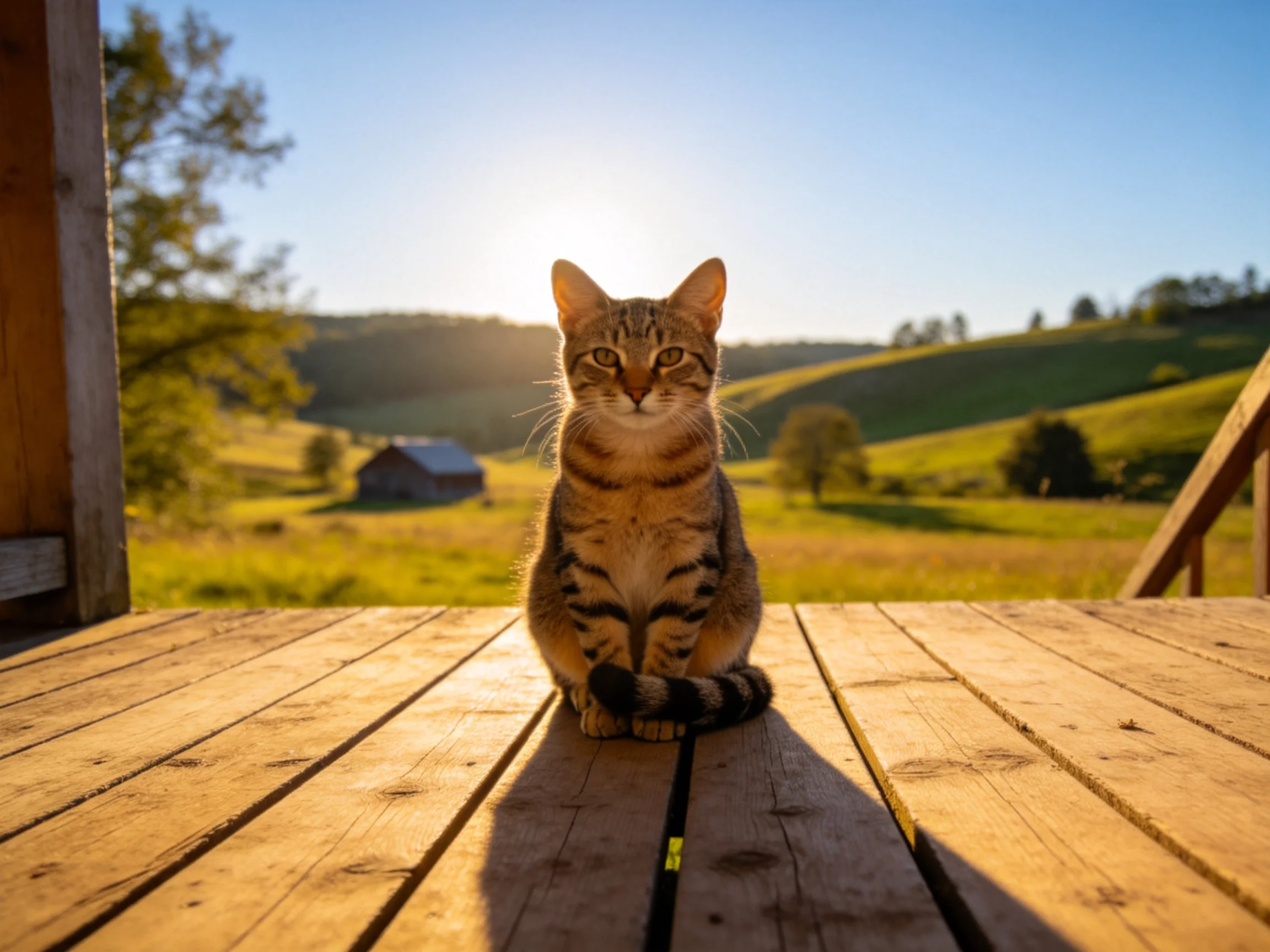 A tabby cat sits on a wooden deck amidst rolling green hills under golden sunlight