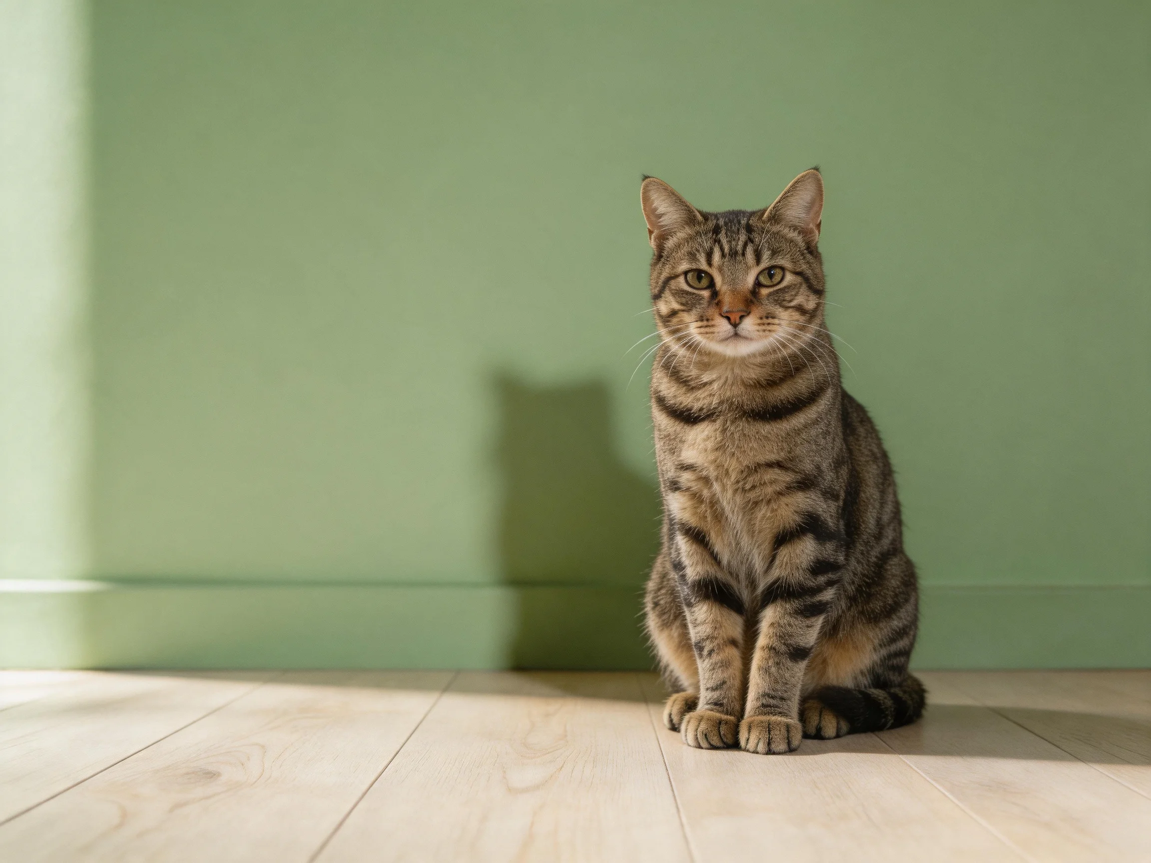 A tabby cat sits on a wooden floor by a green wall