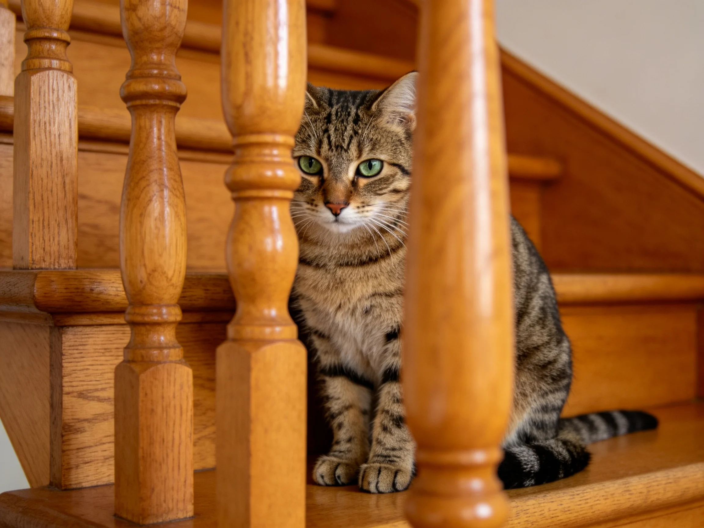 A tabby cat sits on a wooden staircase near railings.