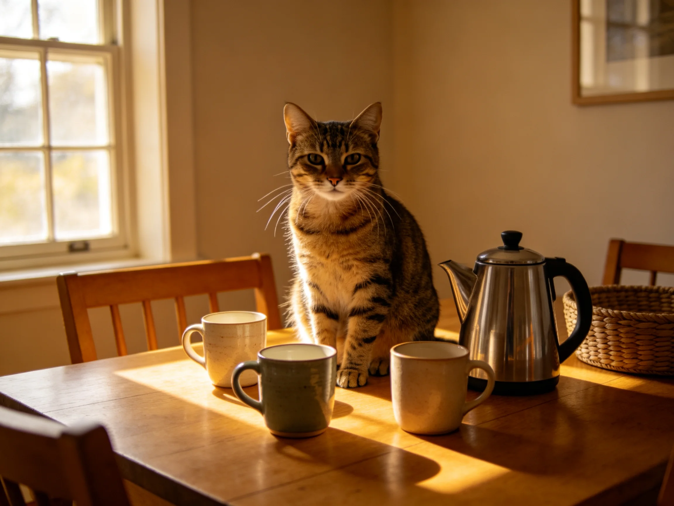 A tabby cat sits on a wooden table with three mugs and a stainless steel kettle