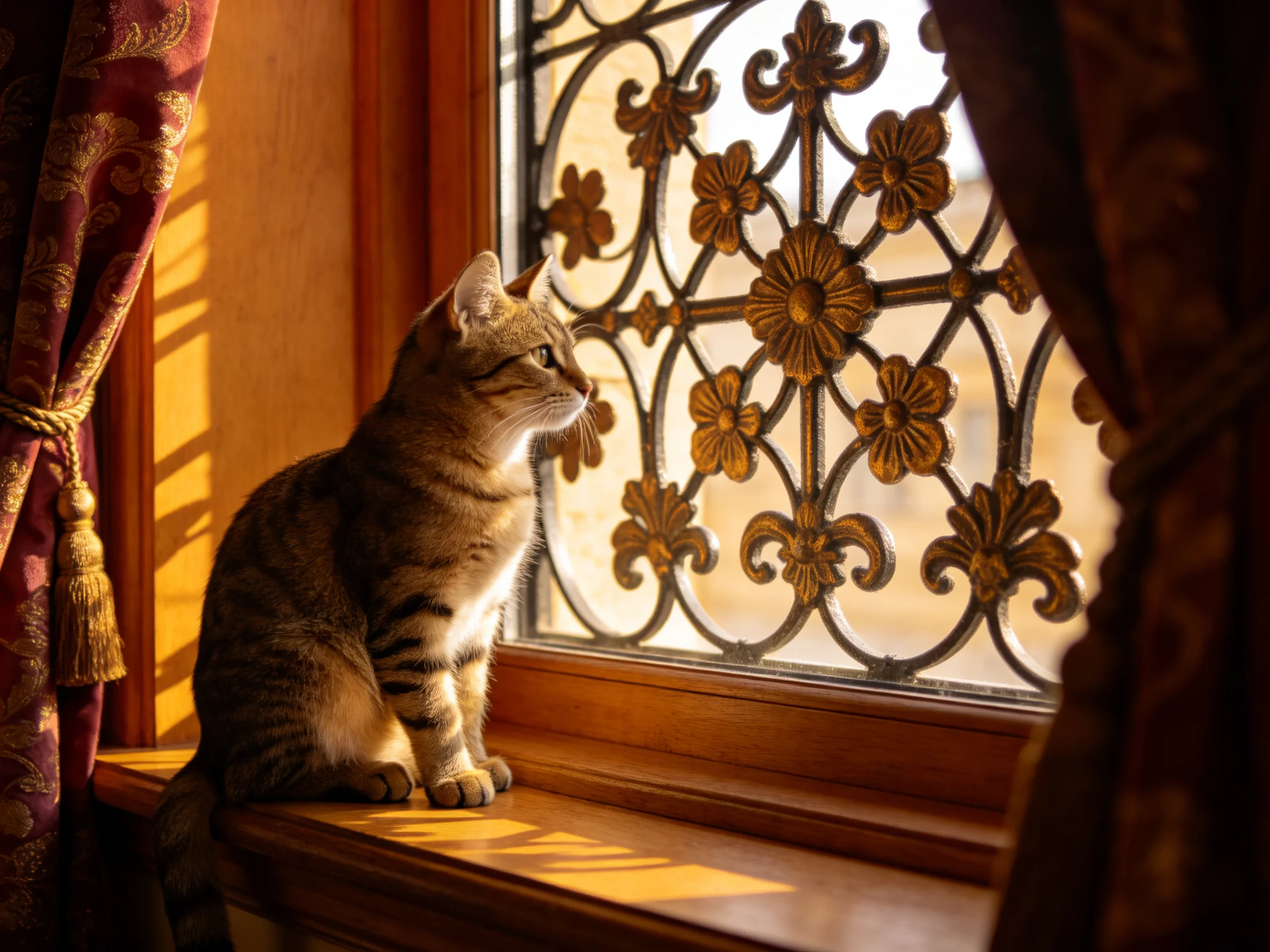 A tabby cat sits on a wooden windowsill beside ornate iron window grilles