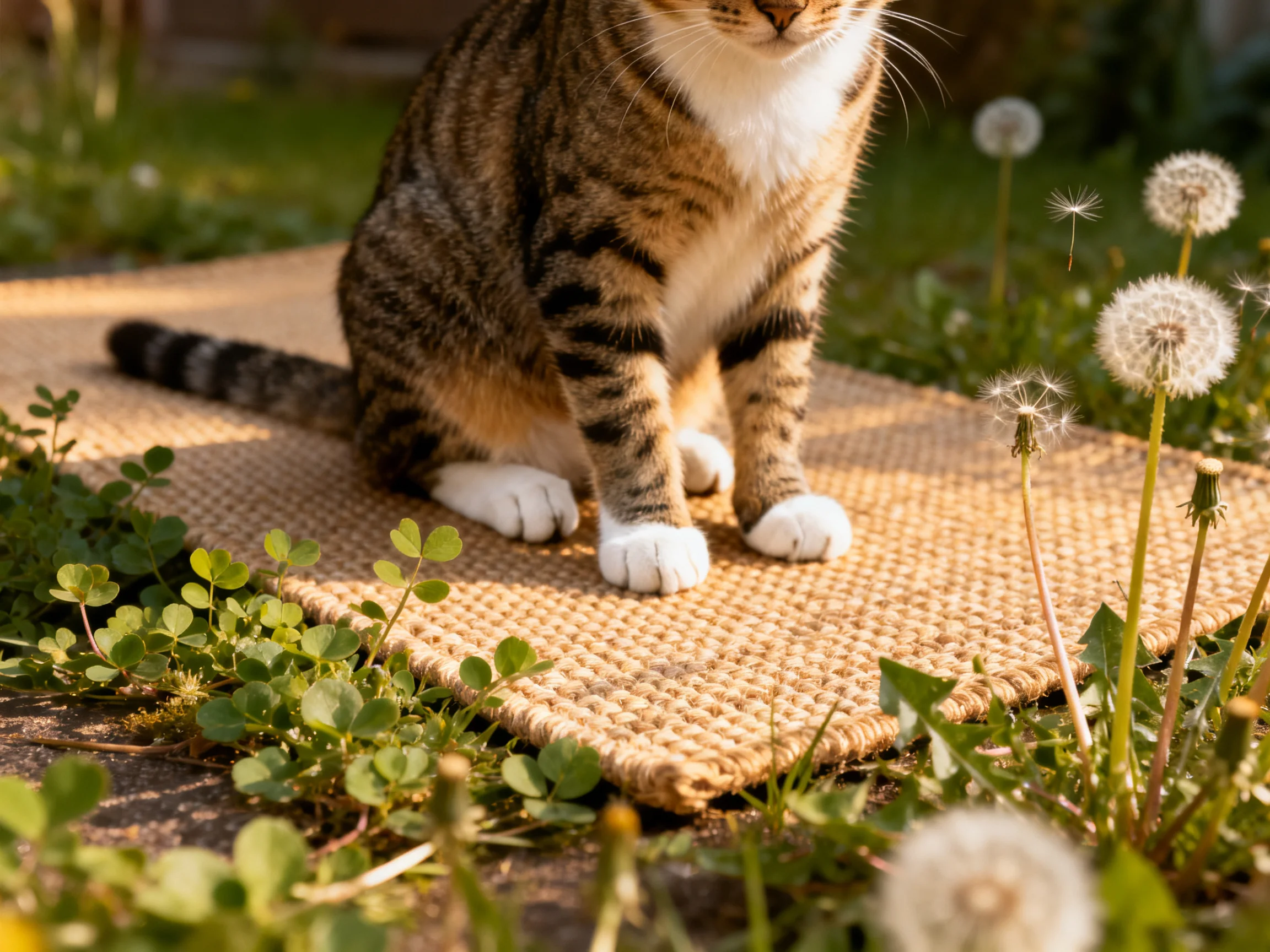 A tabby cat sits on a woven mat amid dandelions and clover