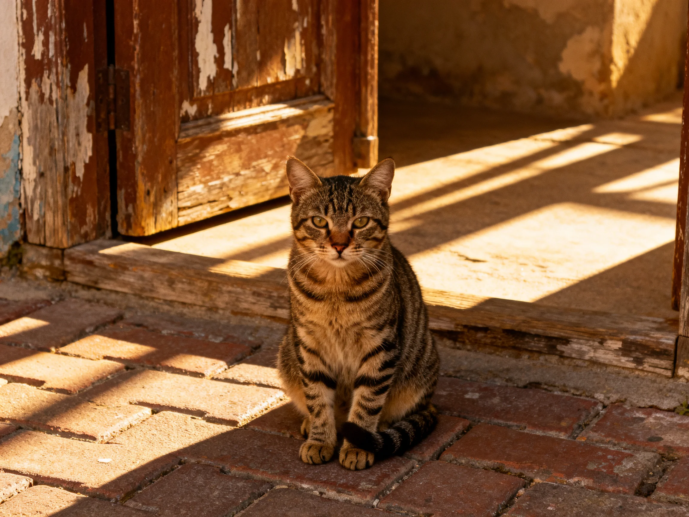 A tabby cat sits on brick pavement near an aged wooden doorway