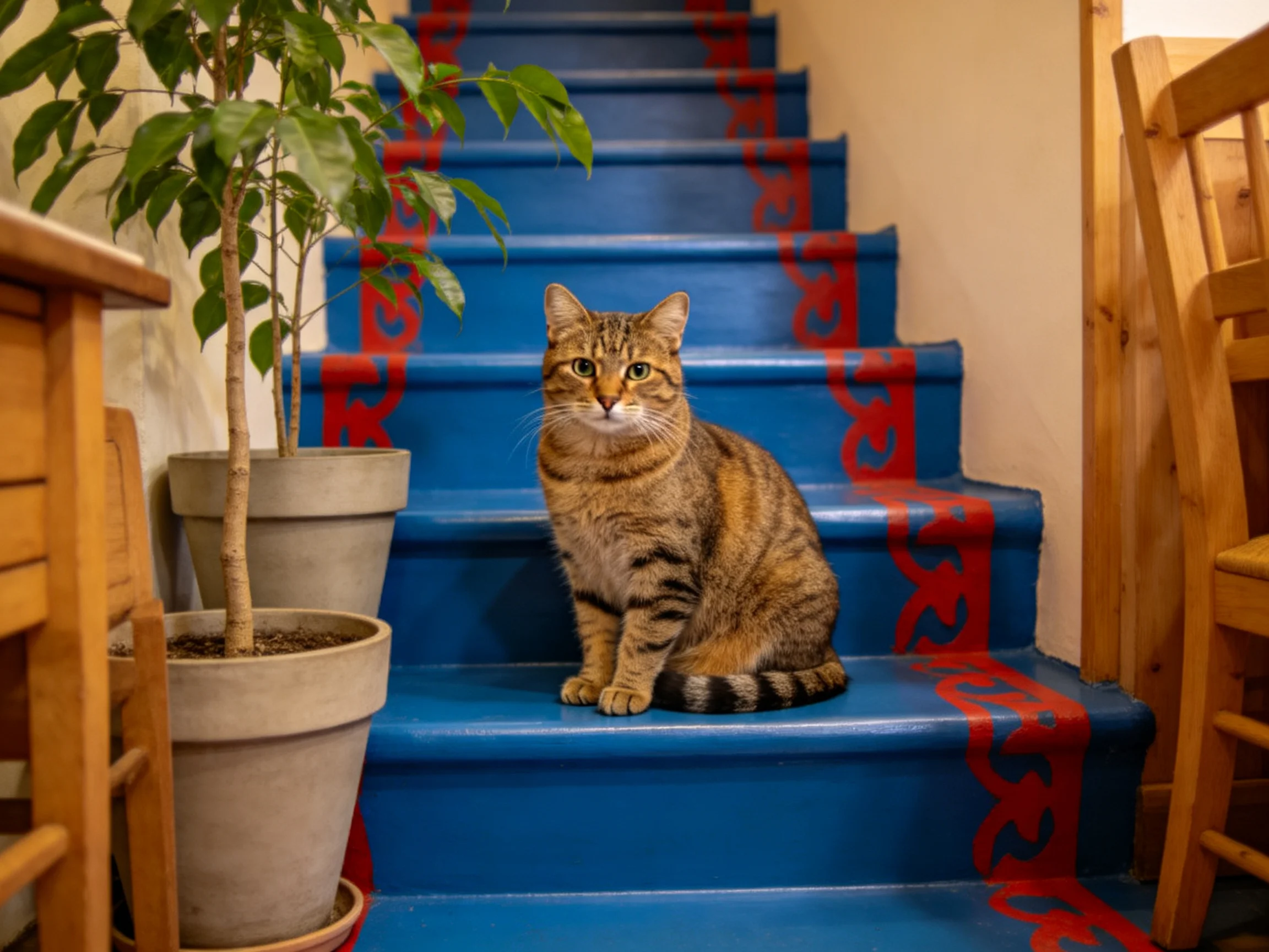 A tabby cat sits on bright blue patterned stairs with potted plants
