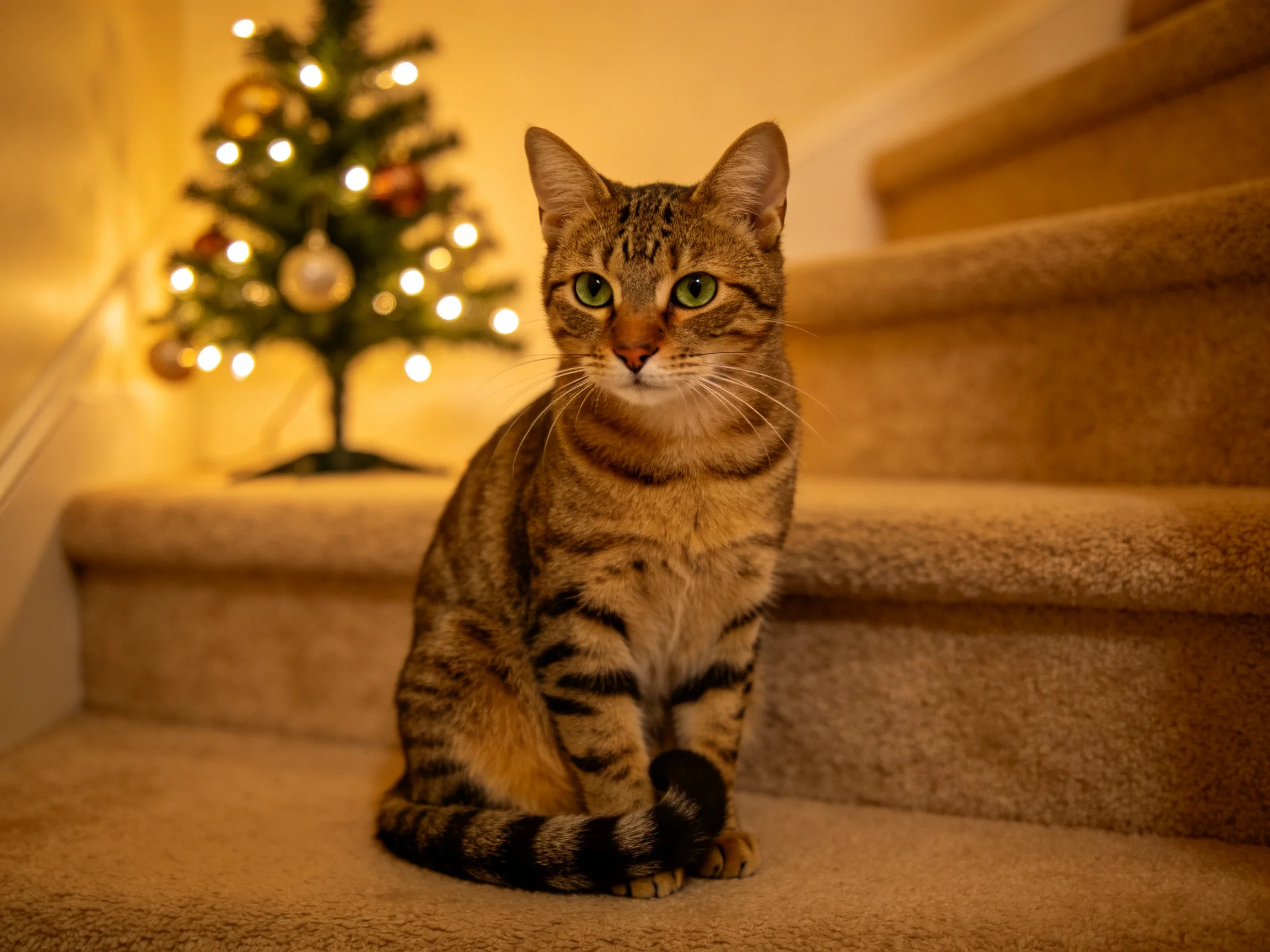 A tabby cat sits on carpeted stairs near a lit Christmas tree