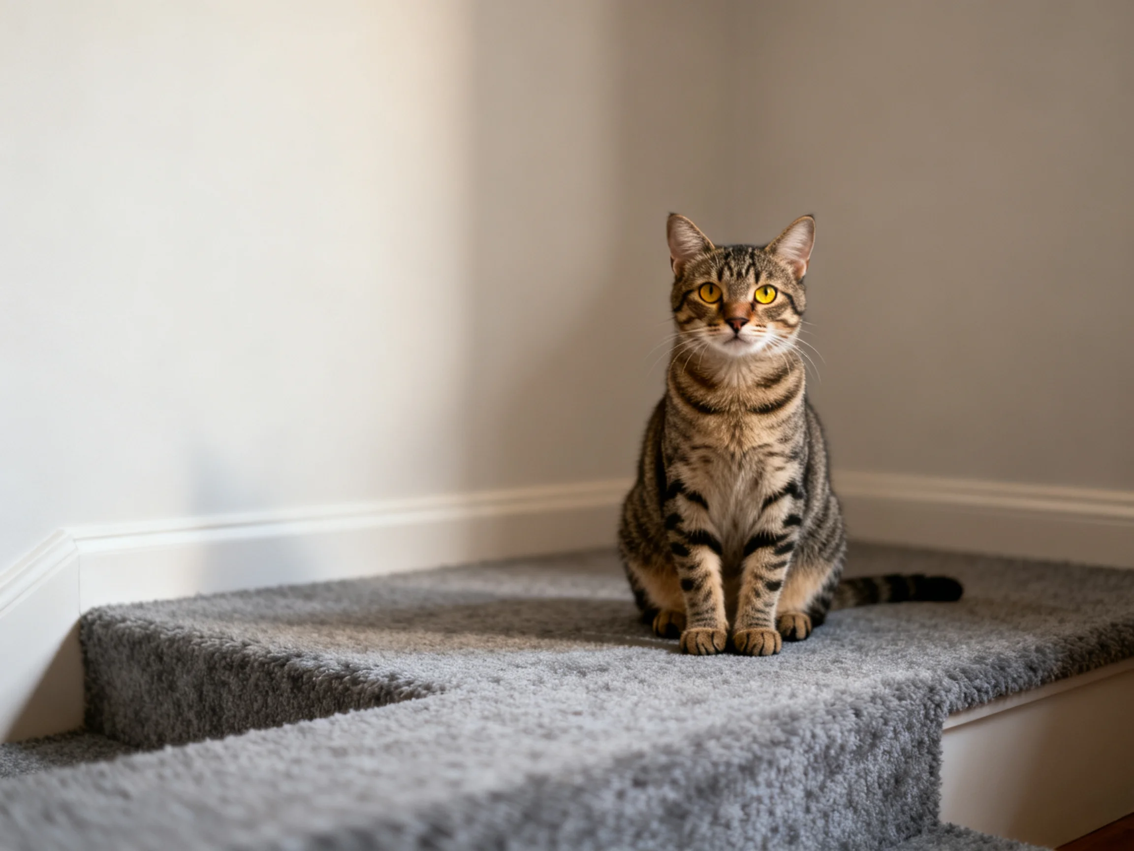 A tabby cat sits on gray carpeted stairs near a plain wall