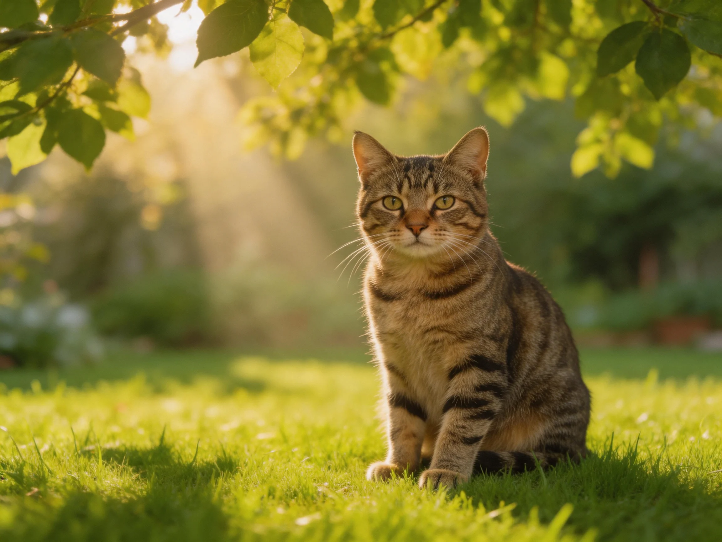 A tabby cat sits on lush green grass amid sunbeams and leafy branches