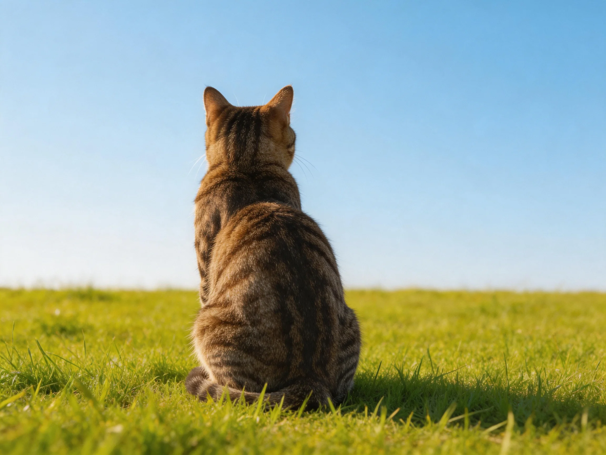 A tabby cat sits on lush green grass beneath a clear blue sky