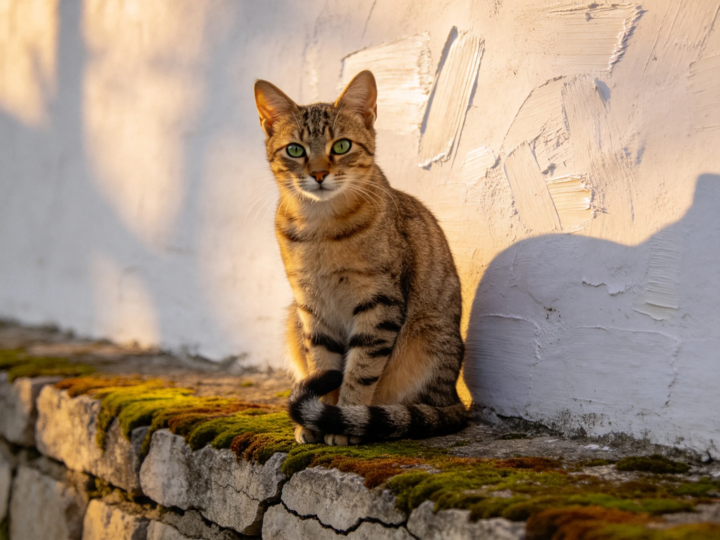 A tabby cat sits on mossy stones next to a textured white wall.