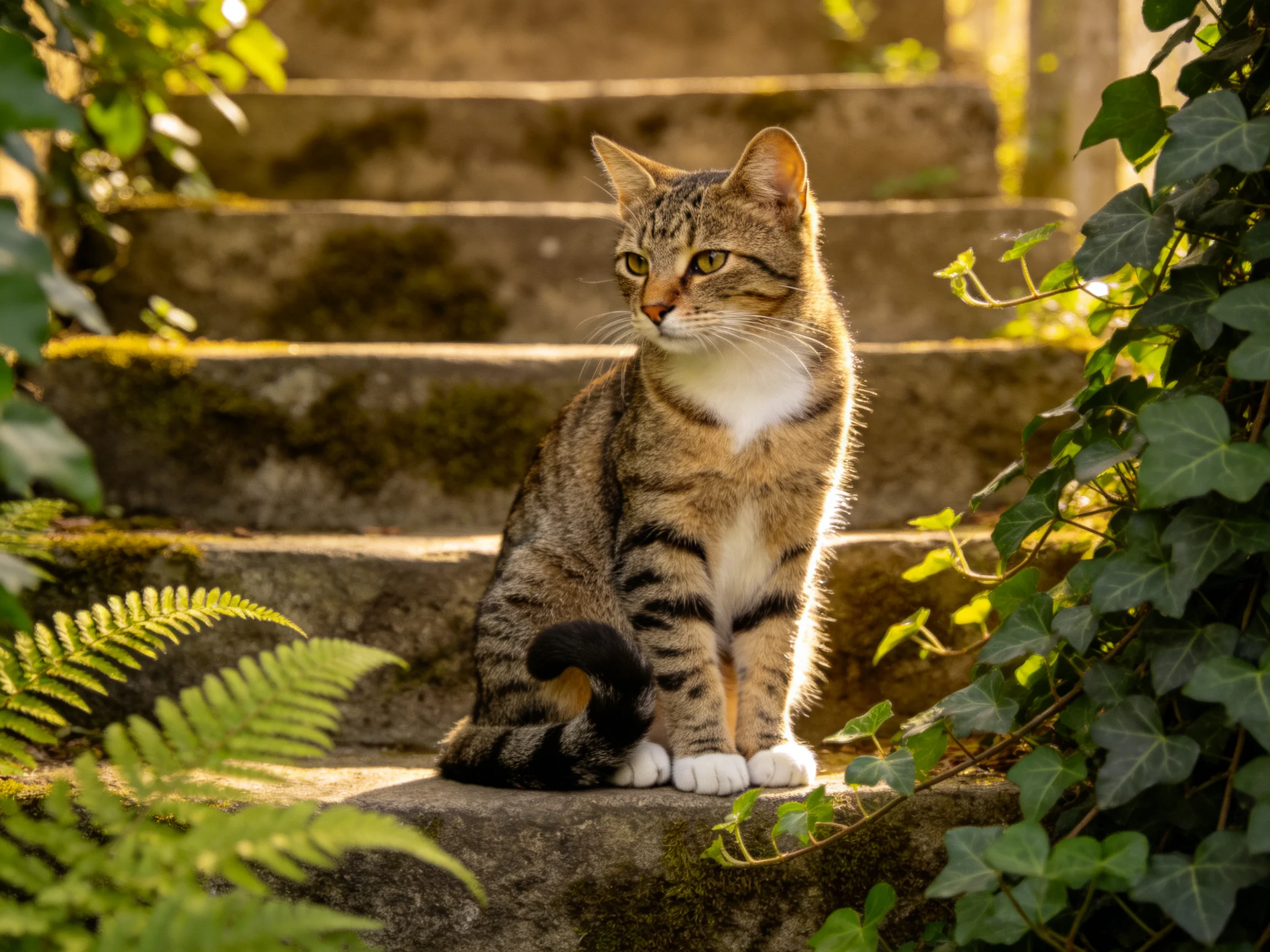 A tabby cat rests on mossy stone steps in a sunlit, plant-filled setting.