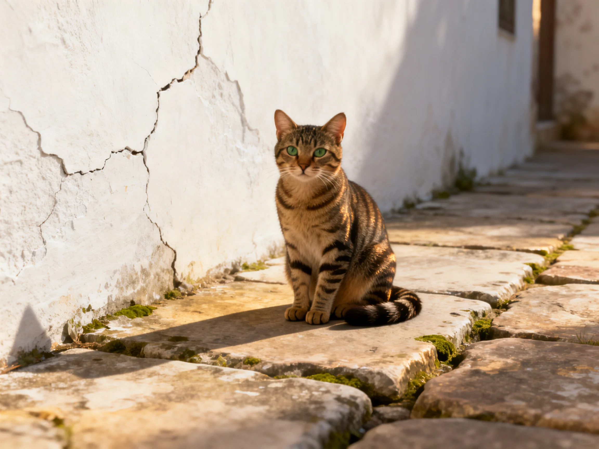 A tabby cat sits on mossy stone tiles beside a cracked white wall