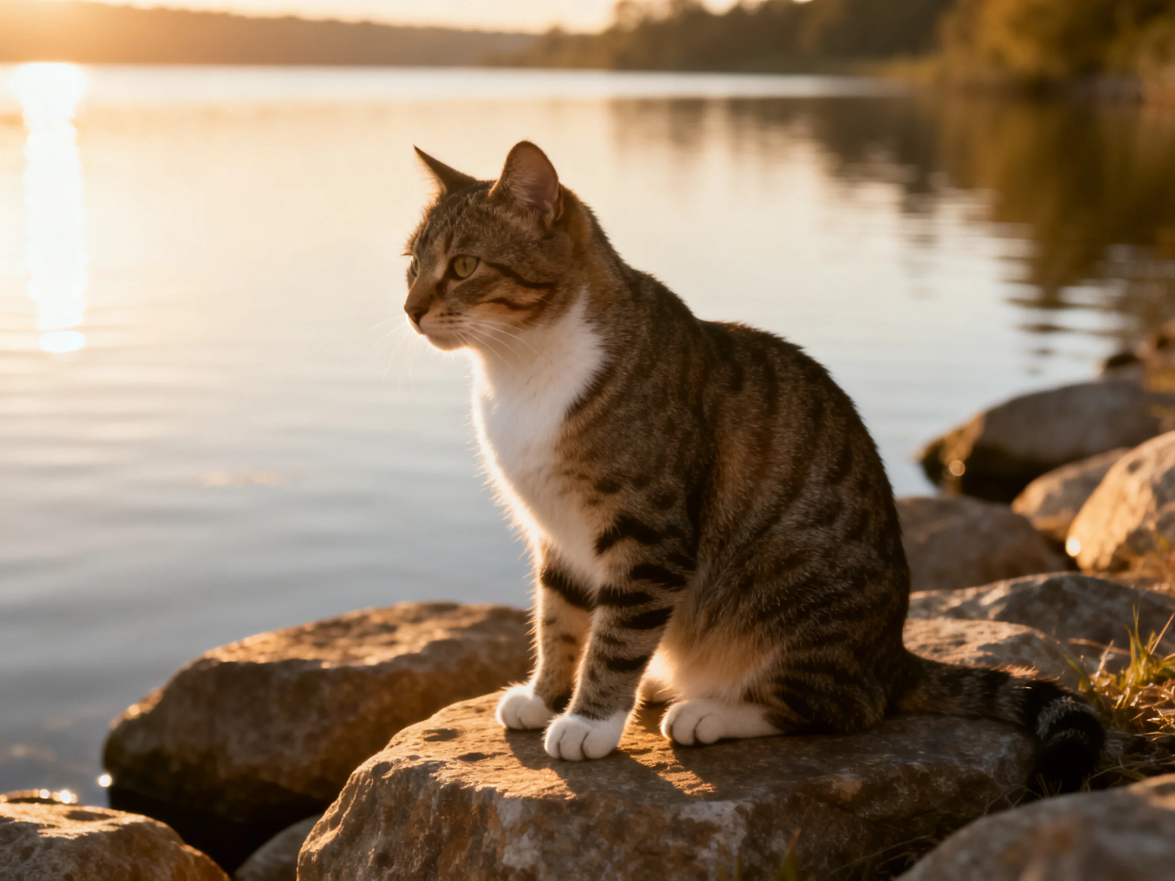 A tabby cat sits on rocky shore by calm waters at sunset