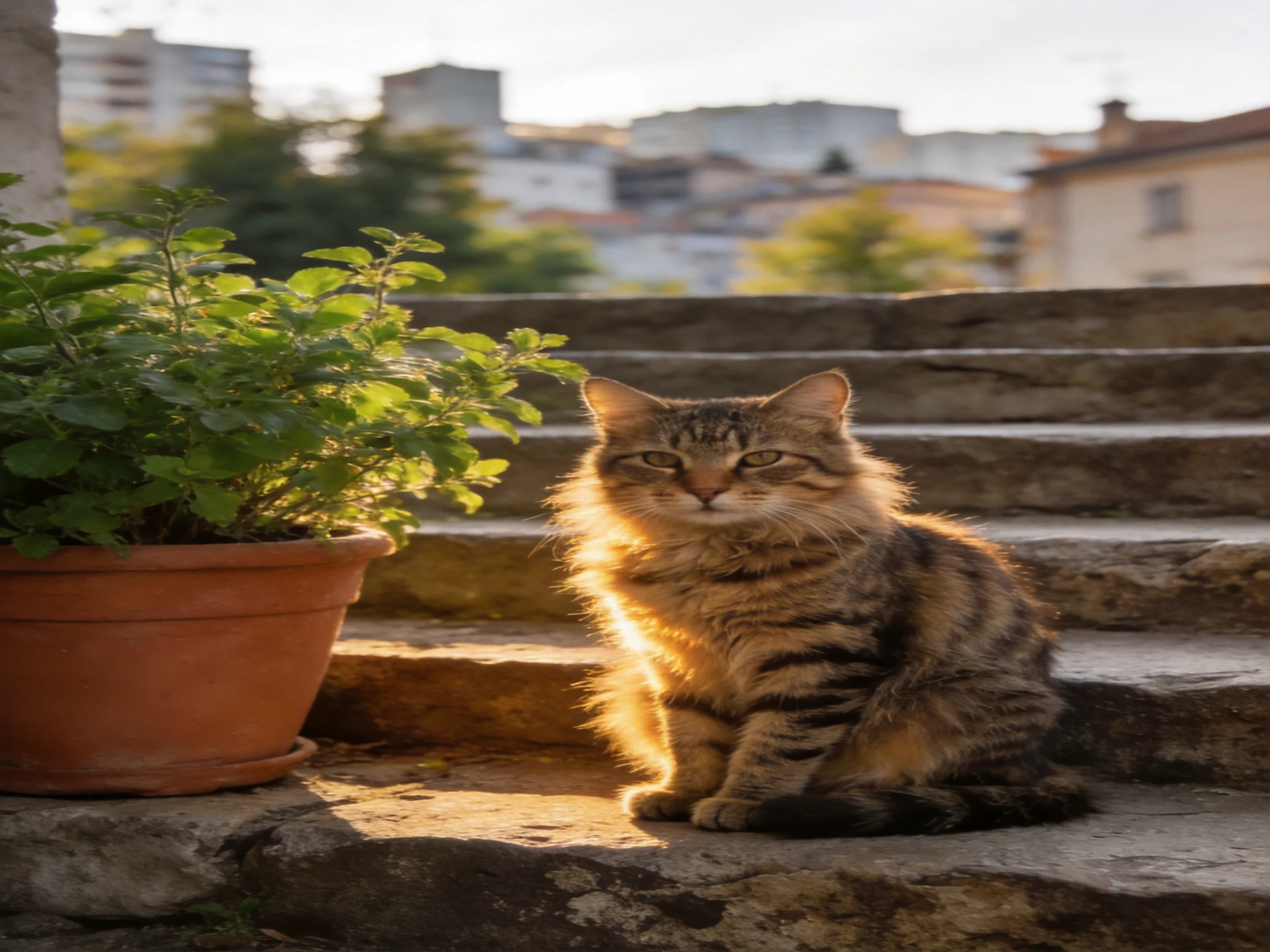A tabby cat sits on stone steps beside a terracotta potted plant