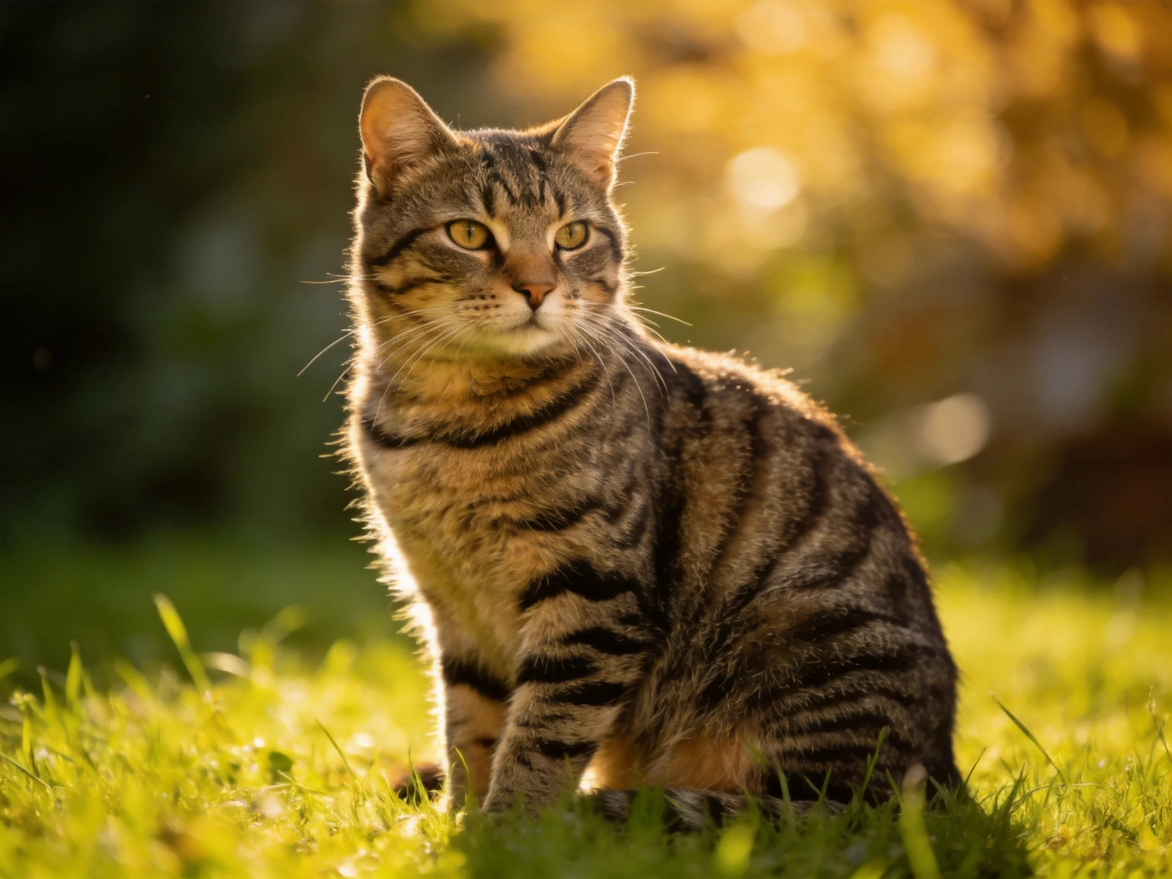A tabby cat sits calmly on sunlit grass in a softly lit outdoor setting.