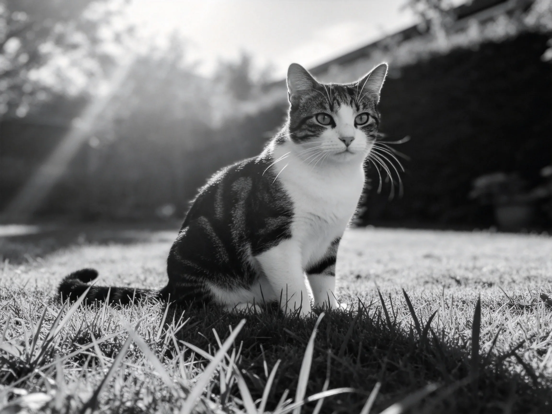 A tabby cat sits on grass in a sunlit outdoor area.
