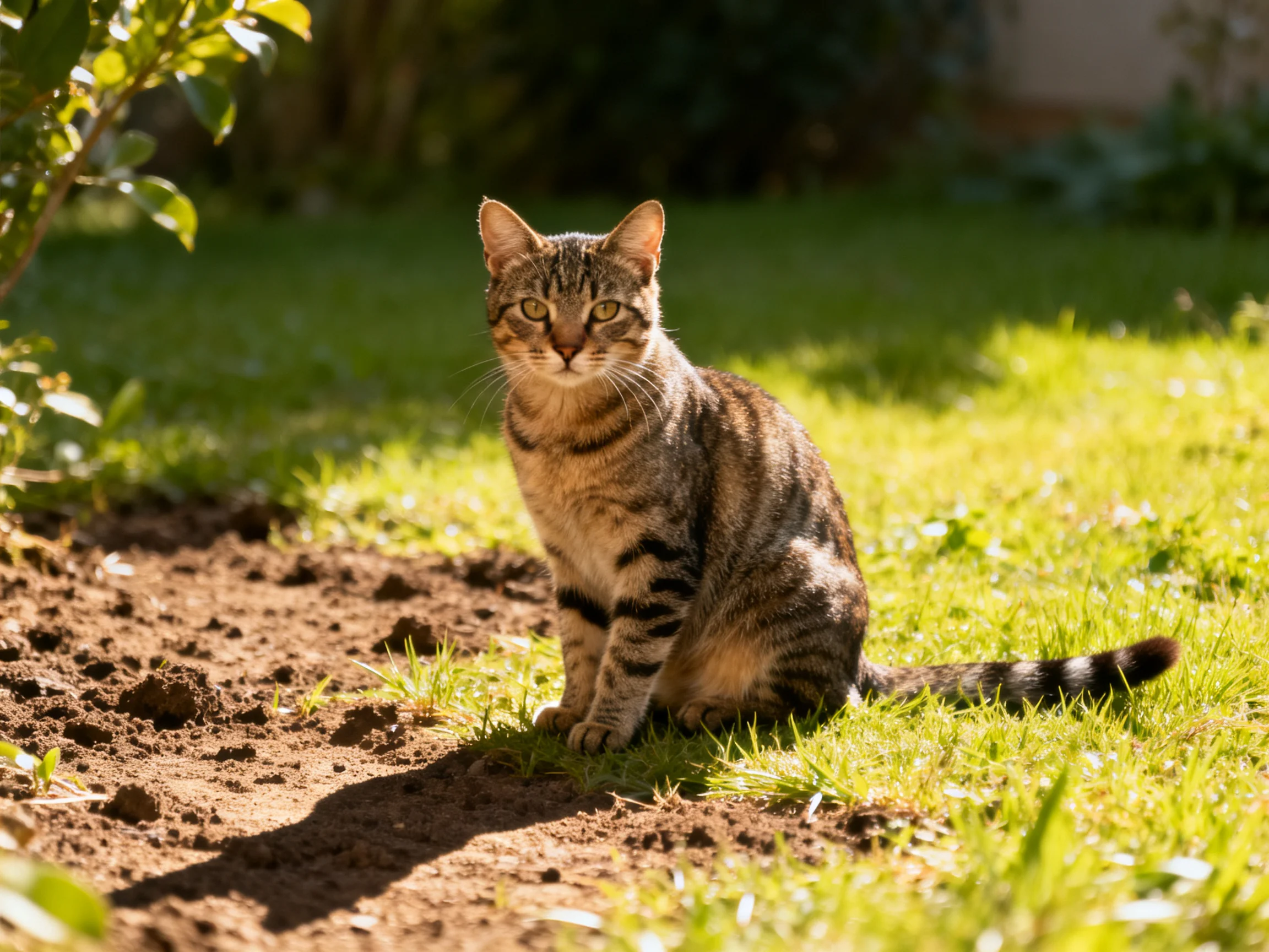 A tabby cat sits calmly on sunlit grass beside a dirt path.