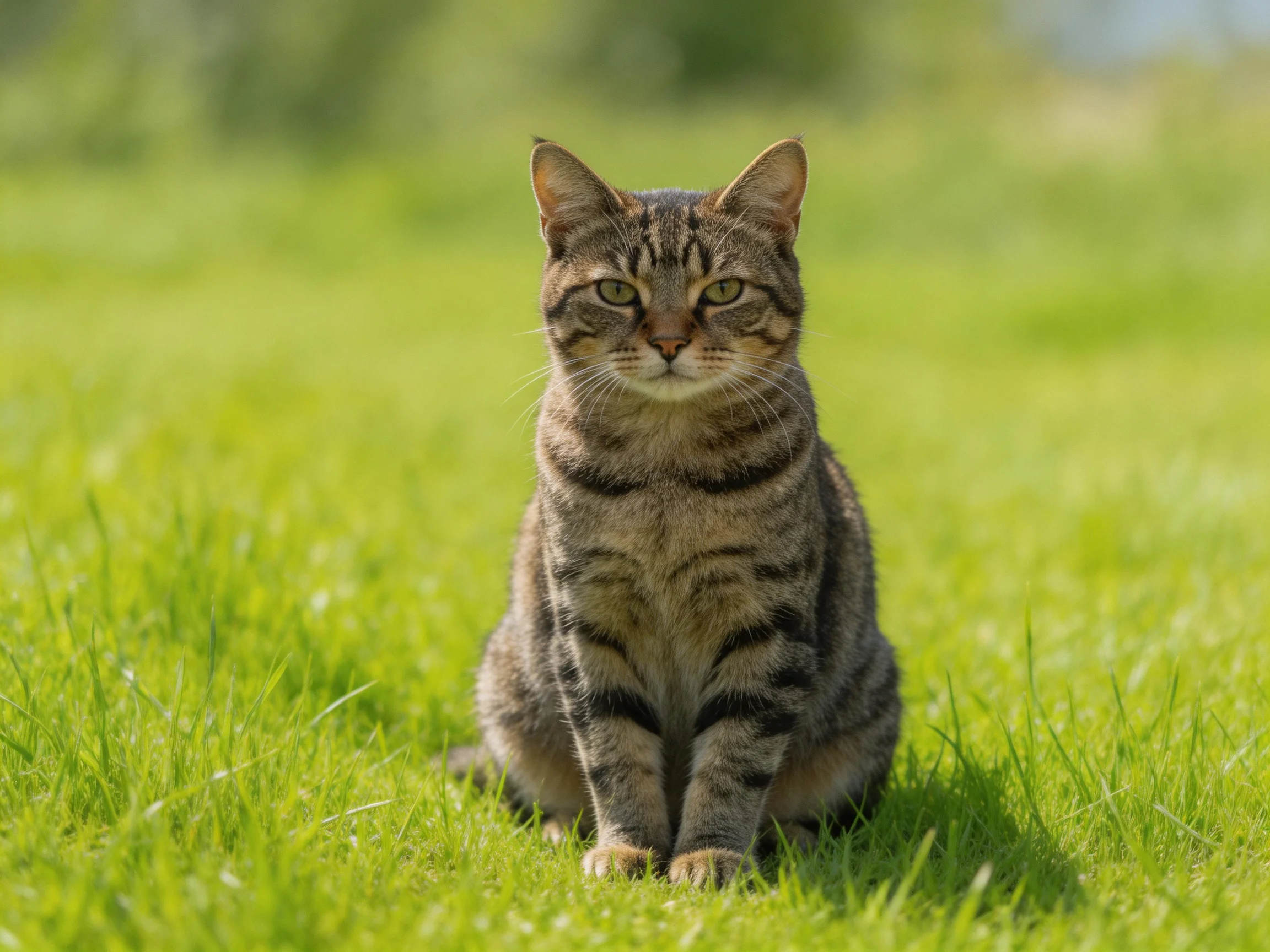 A tabby cat sits serenely amid lush green grass