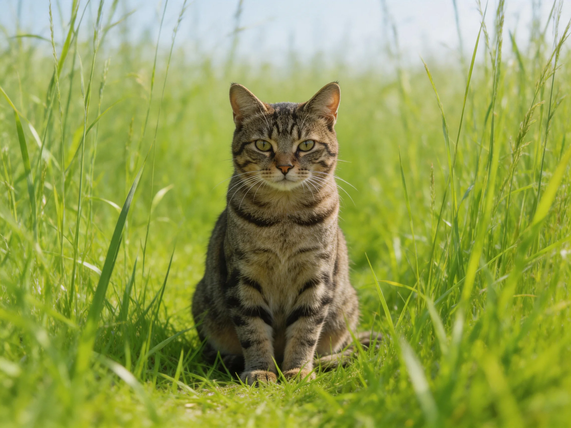 A tabby cat sits calmly among tall green grass under bright sunlight.