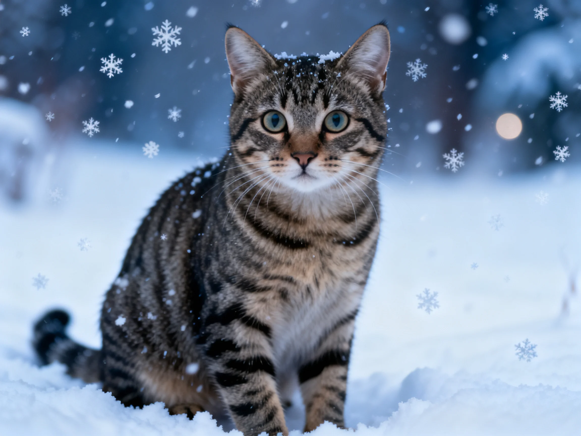 A tabby cat sitting in a snowy landscape with falling snowflakes