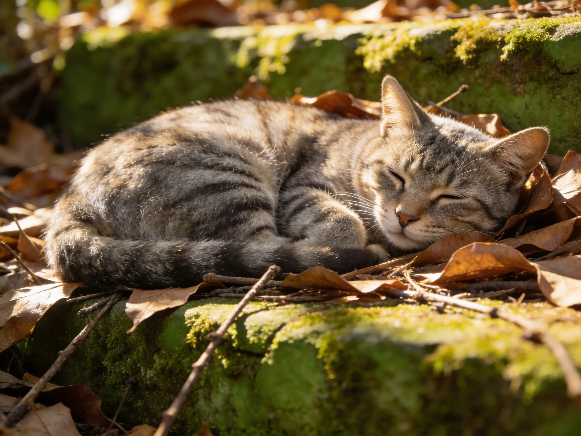 A tabby cat sleeps among dry autumn leaves on mossy stone steps