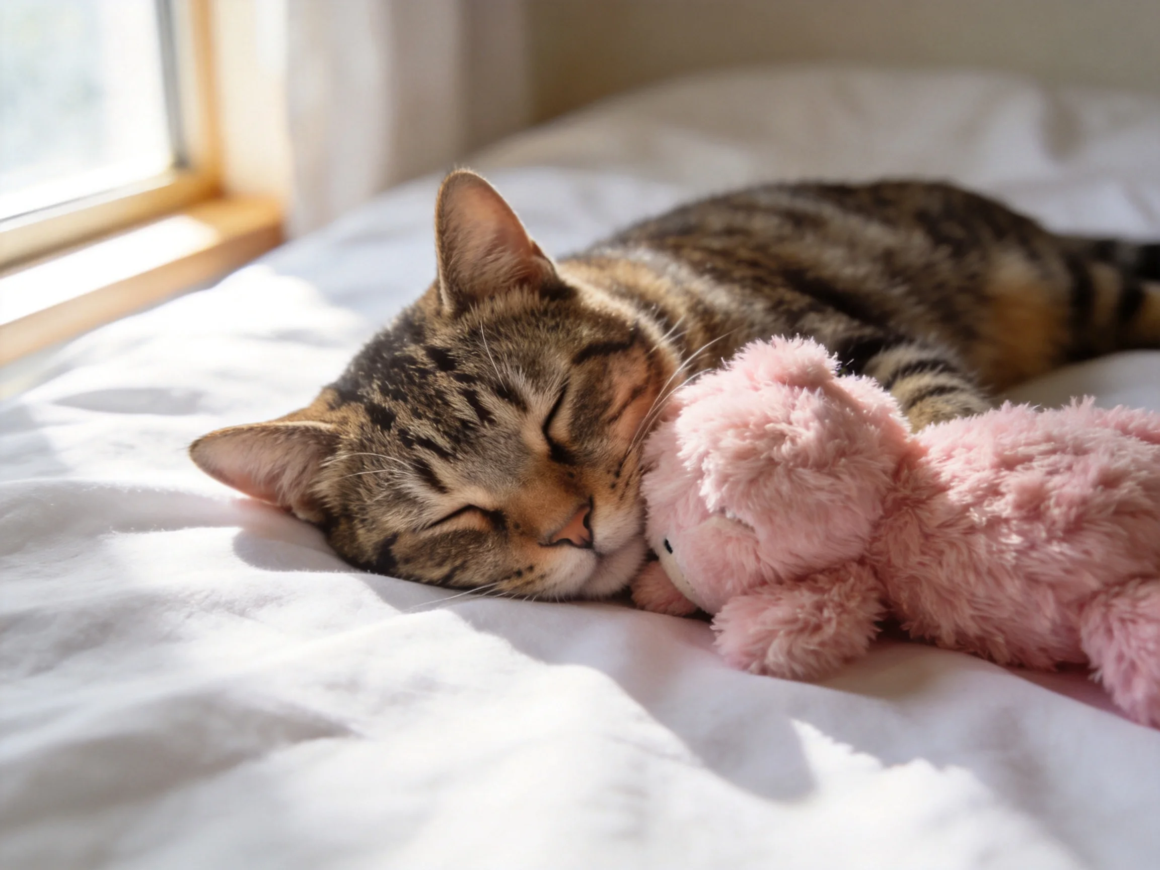 A tabby cat rests next to a pink stuffed toy on white sheets