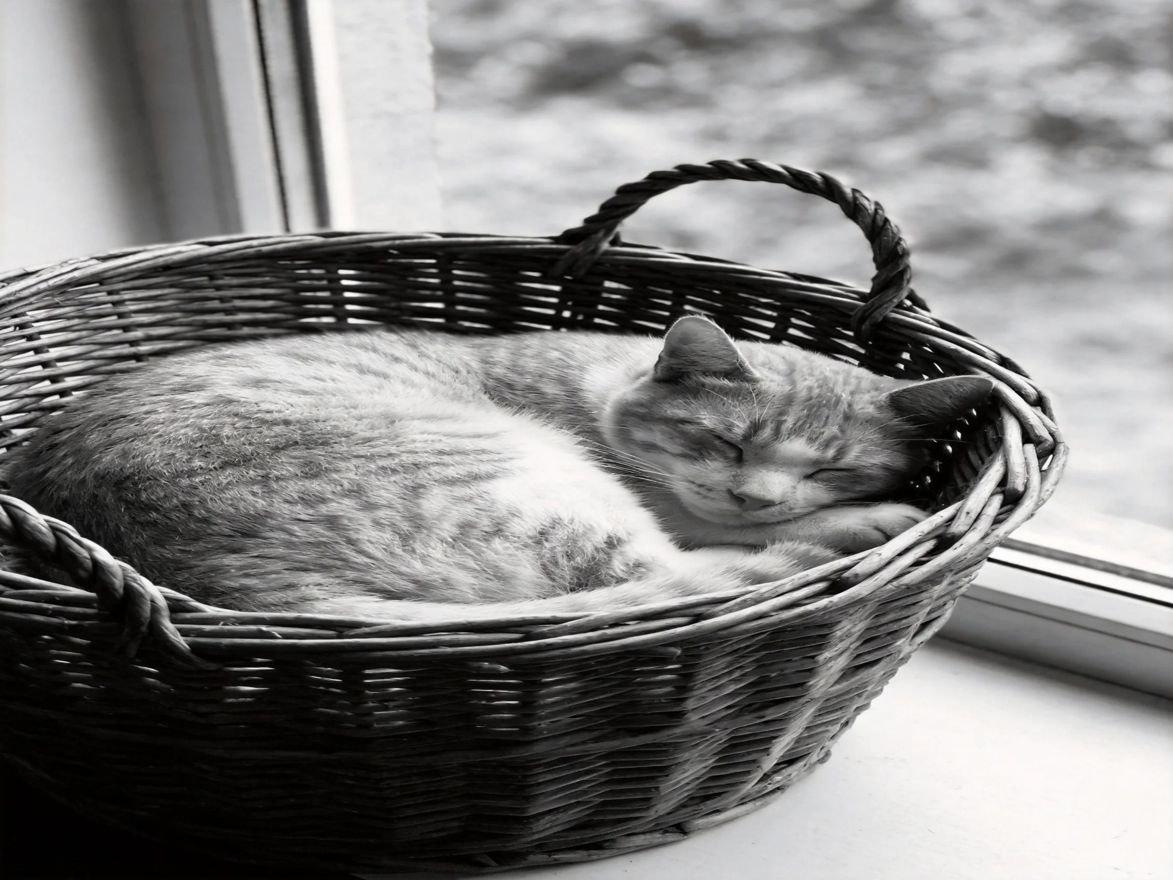 A tabby cat sleeps curled in a dark wicker basket by a window
