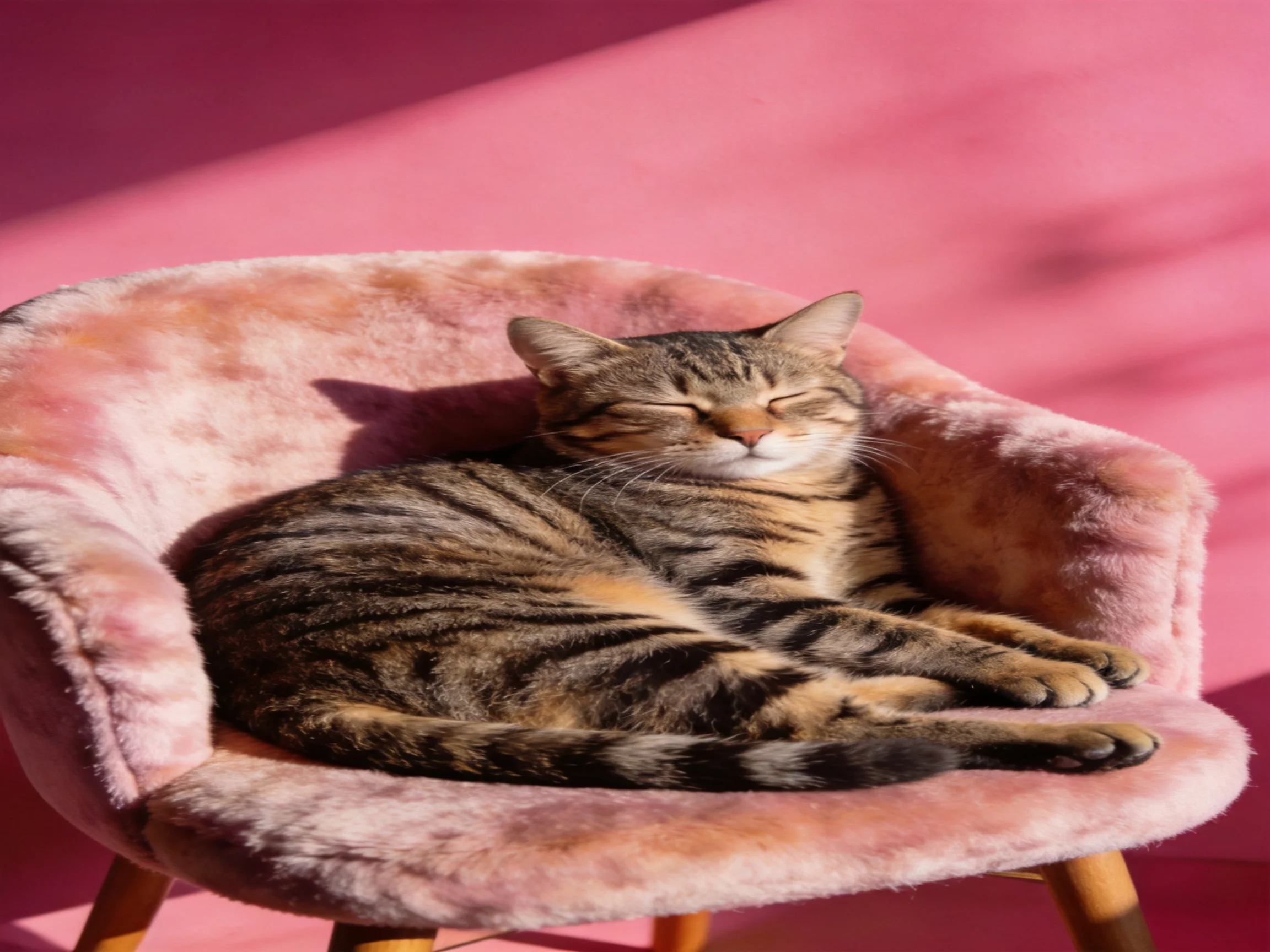 A tabby cat rests on a plush pink chair near a pink wall