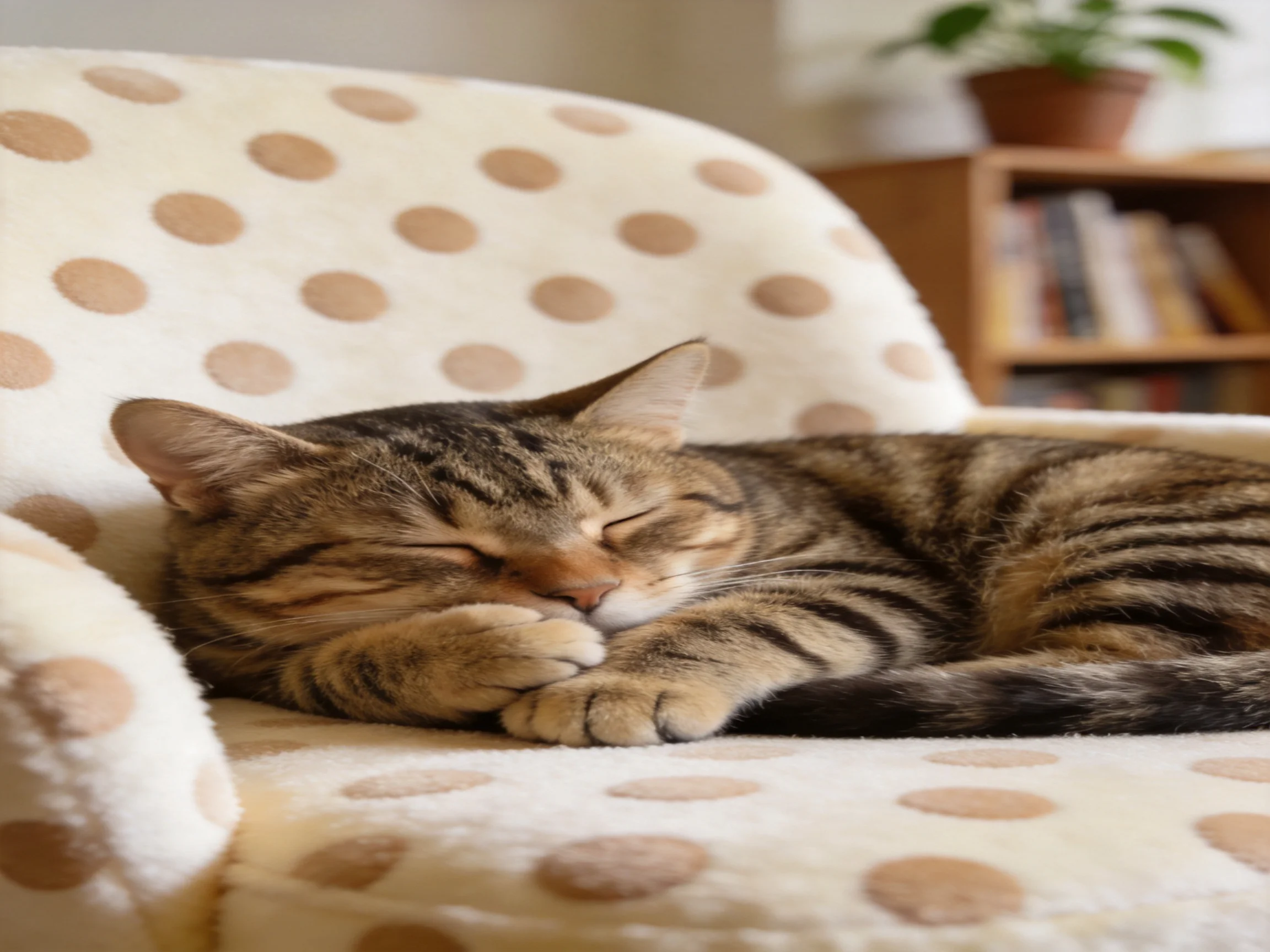 A tabby cat sleeps on a polka - dotted armchair near a bookshelf