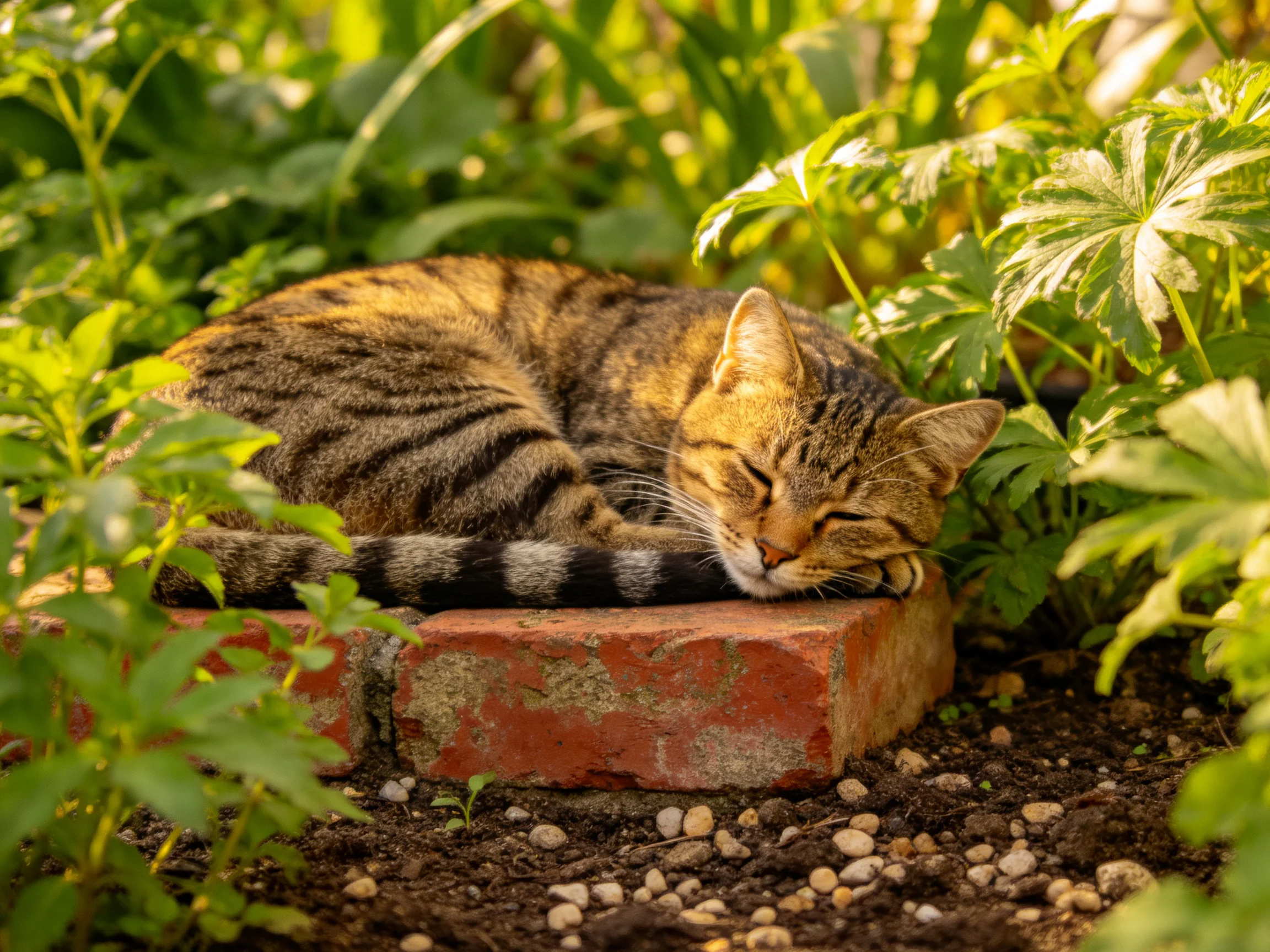 A tabby cat sleeps on a red brick amid lush greenery