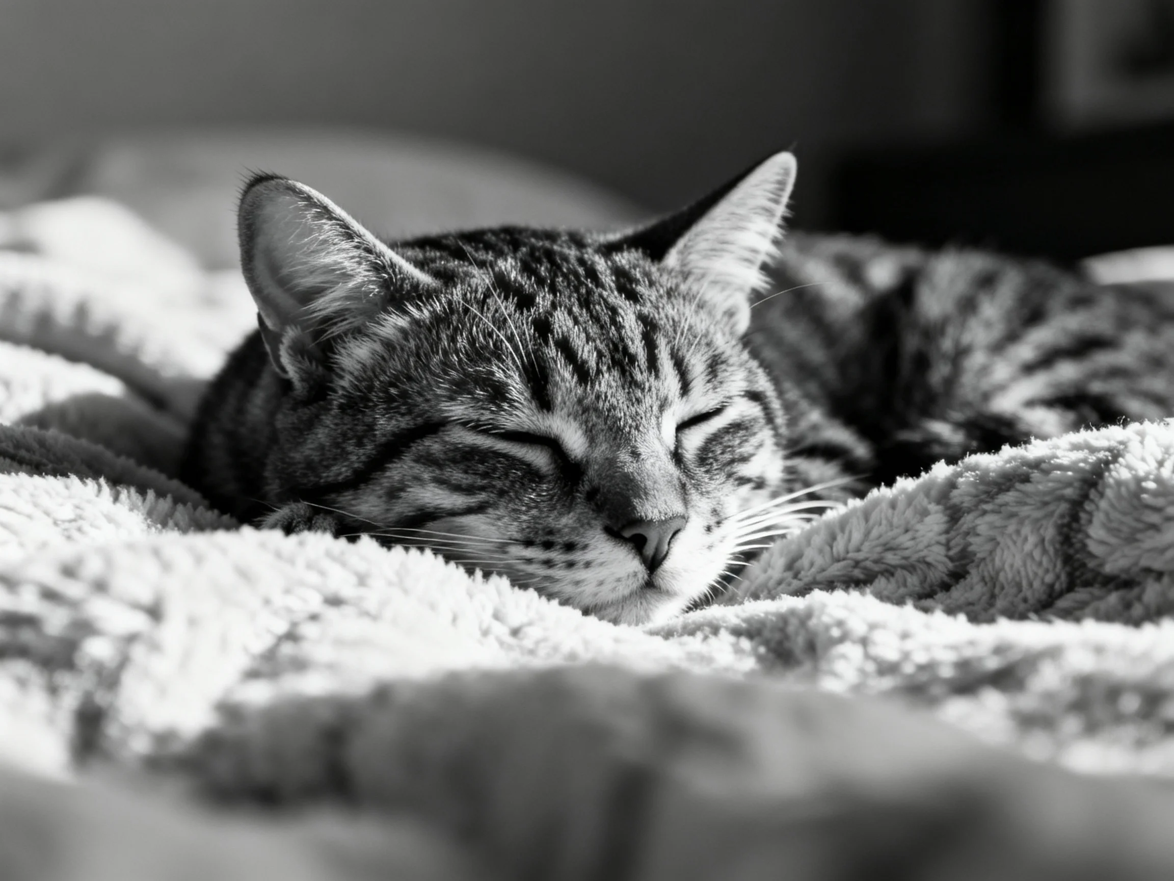 A tabby cat sleeps peacefully on a blanket.