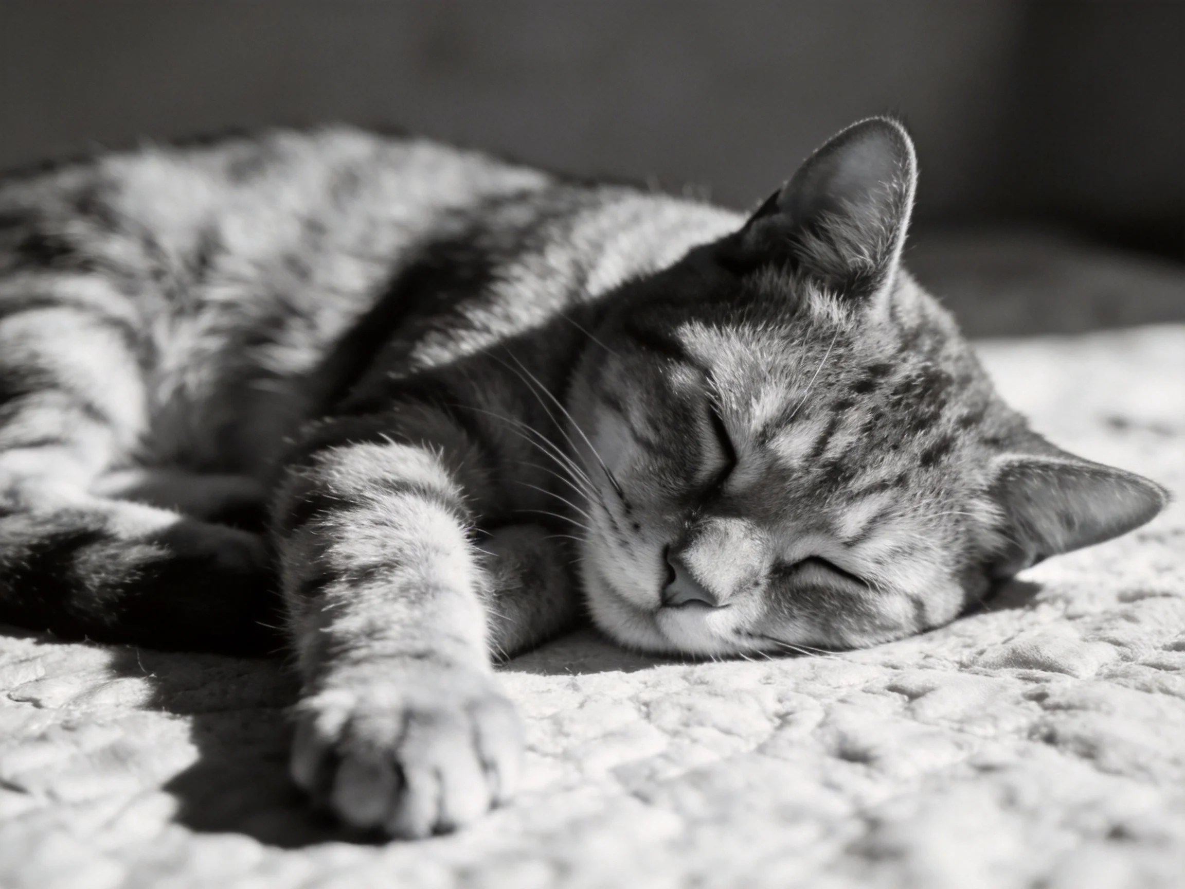 A tabby cat sleeps on a textured surface with striking light contrasts