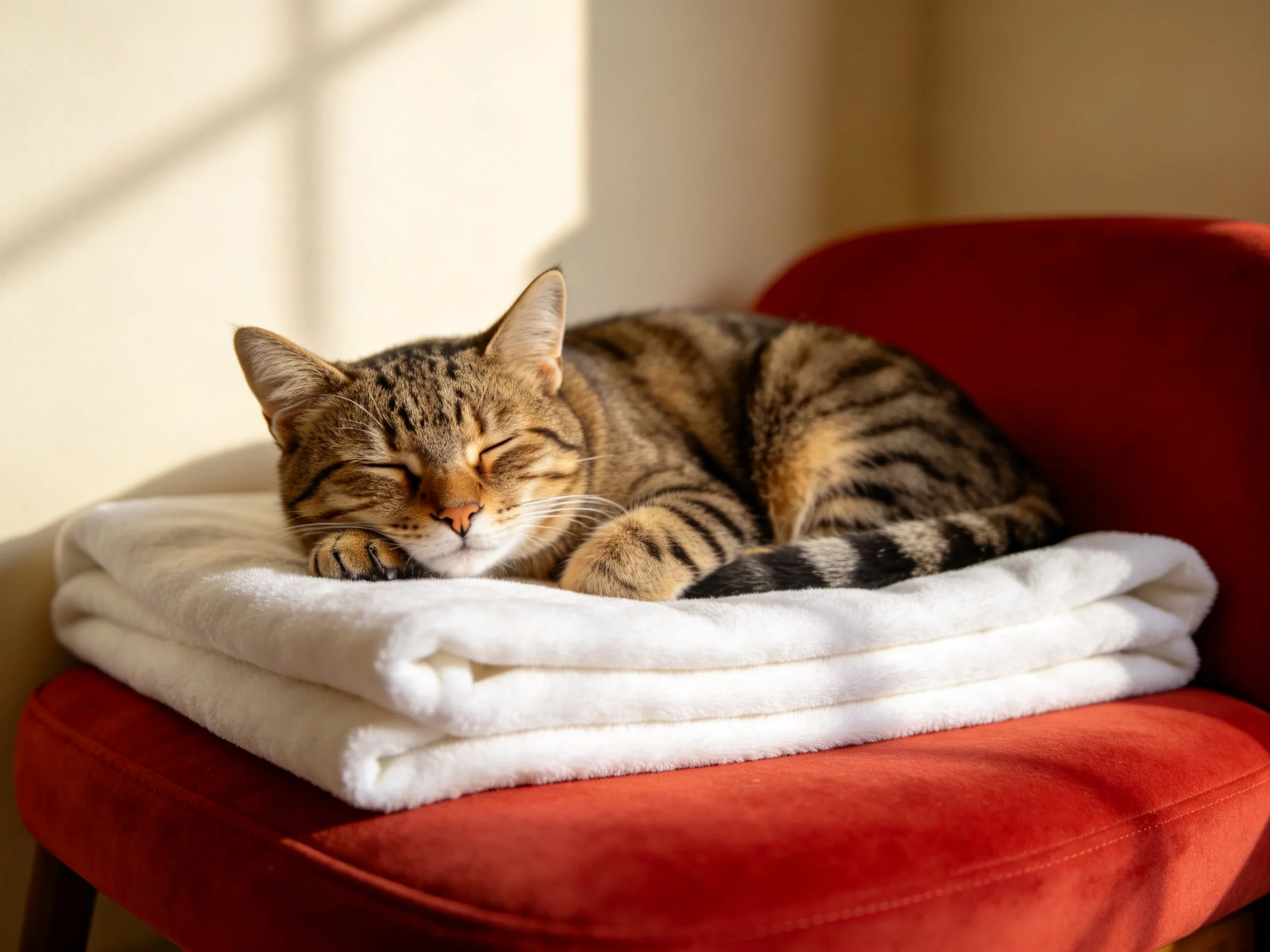 A tabby cat sleeps on a white blanket atop a red chair