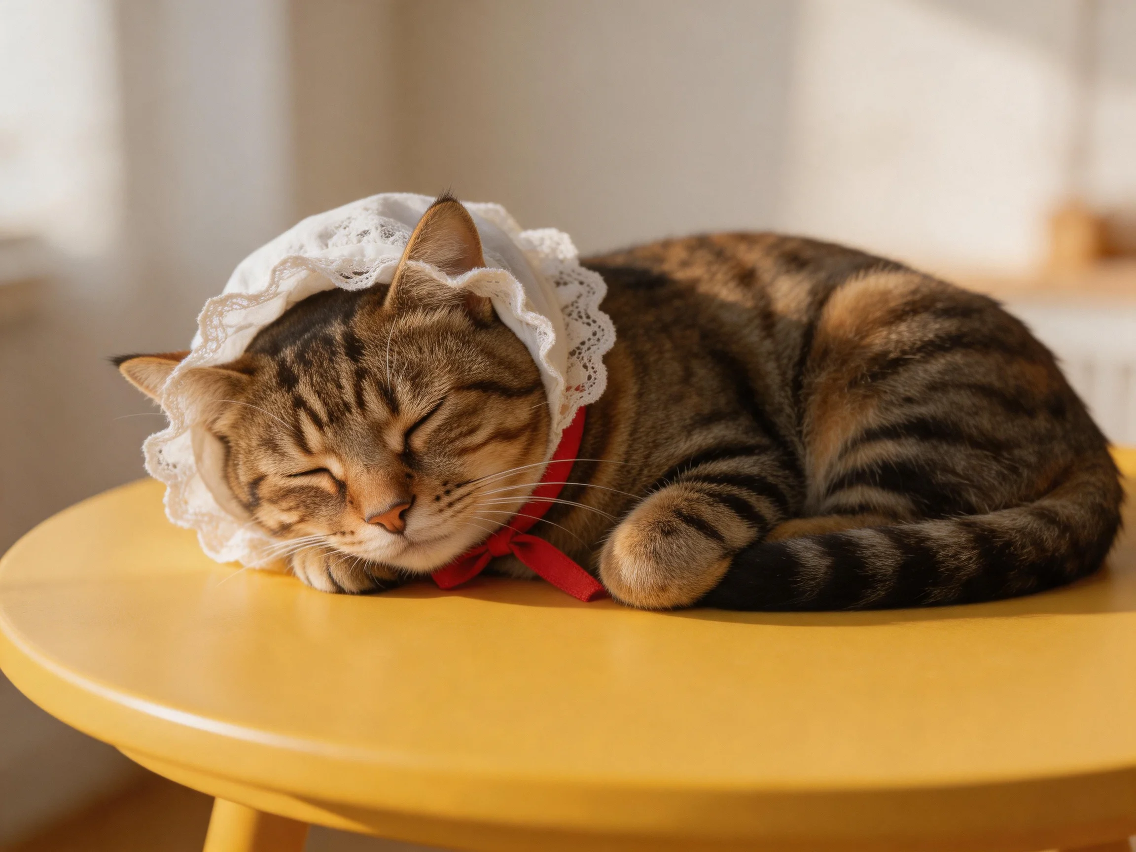 A tabby cat sleeps on a yellow table with a white lace bonnet
