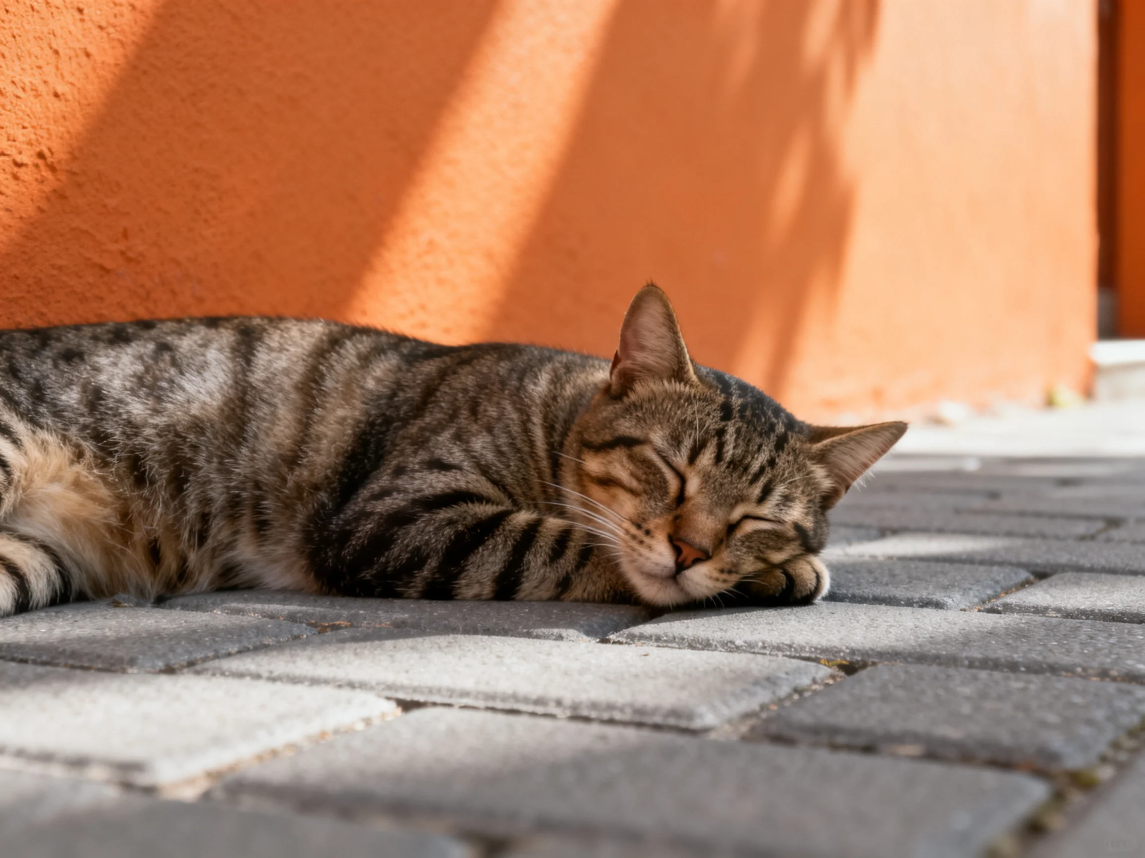 A tabby cat sleeps on stone tiles beside an orange wall