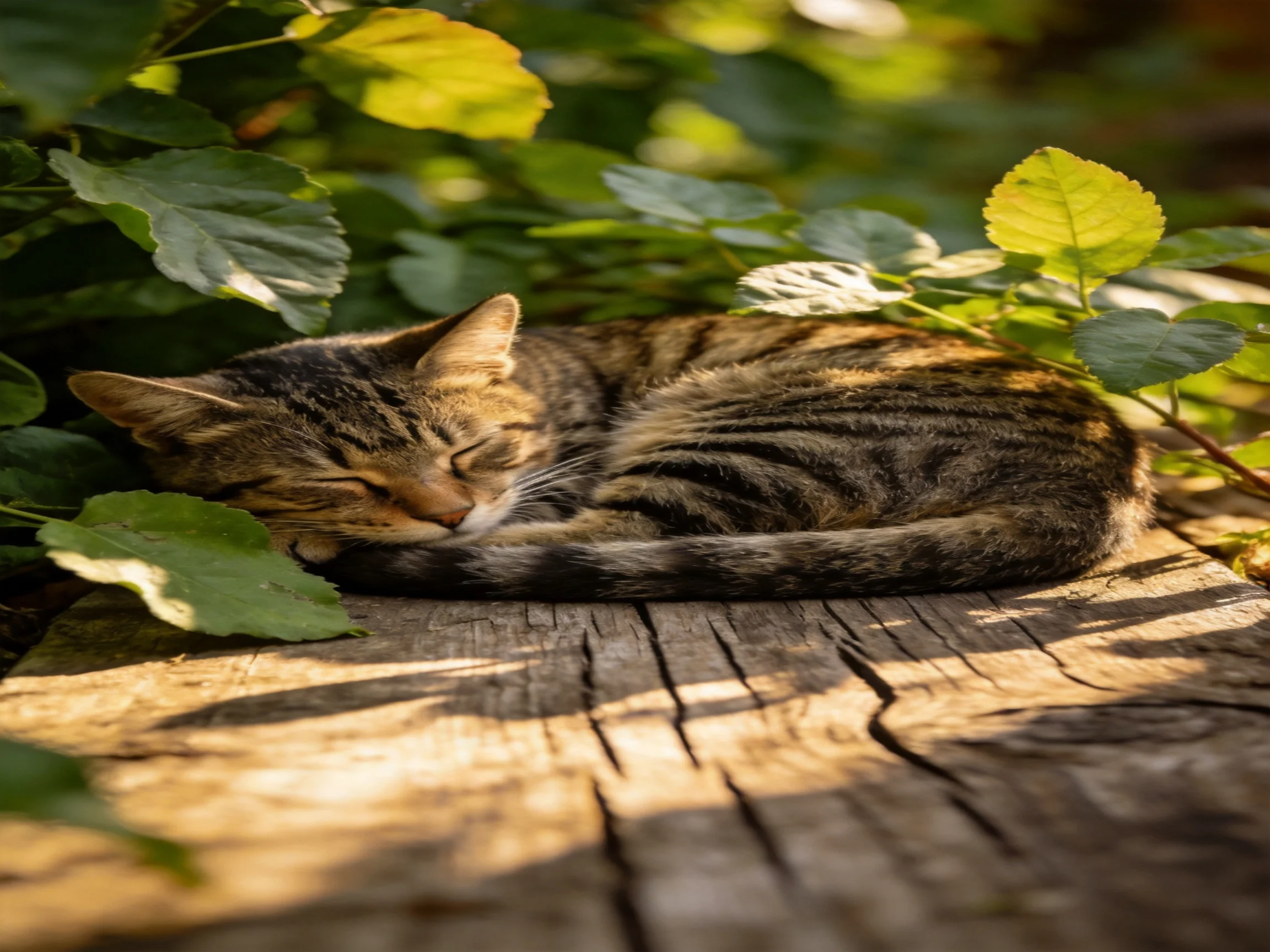 A tabby cat sleeps on weathered wood surrounded by green leaves