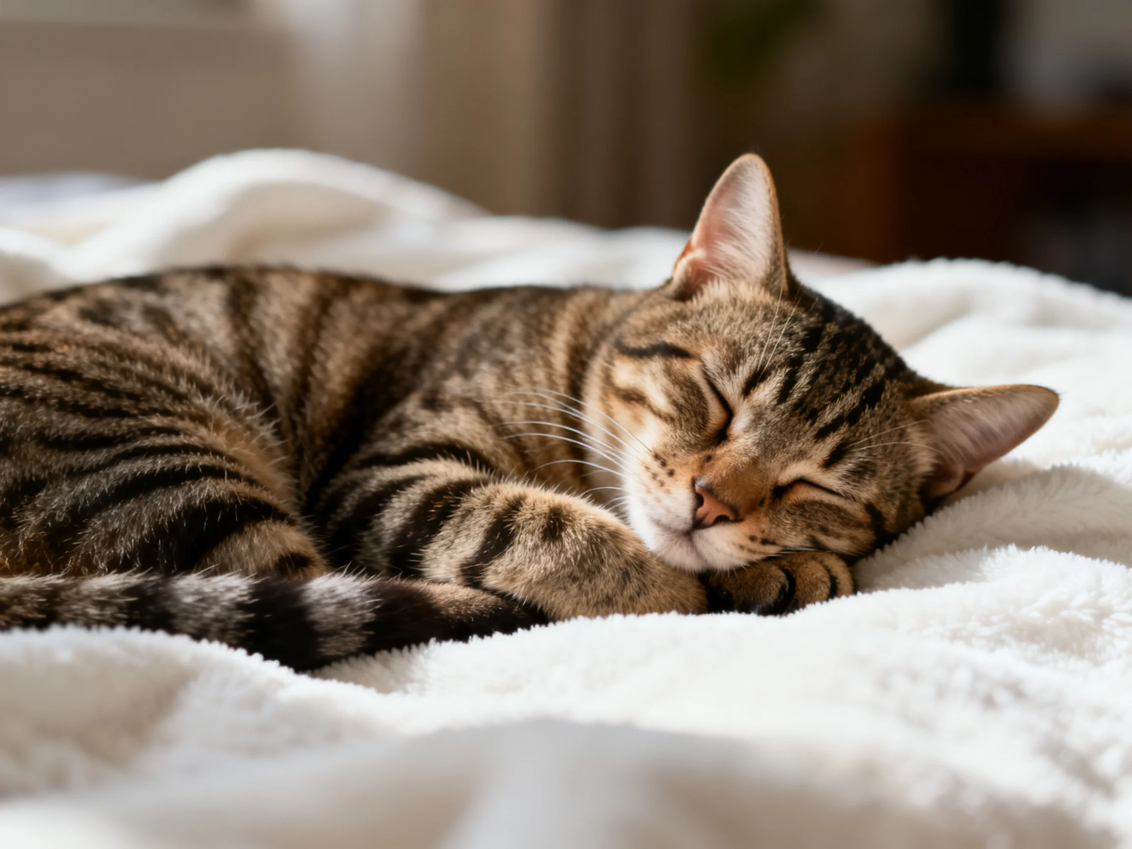 A tabby cat sleeps peacefully on a soft white blanket