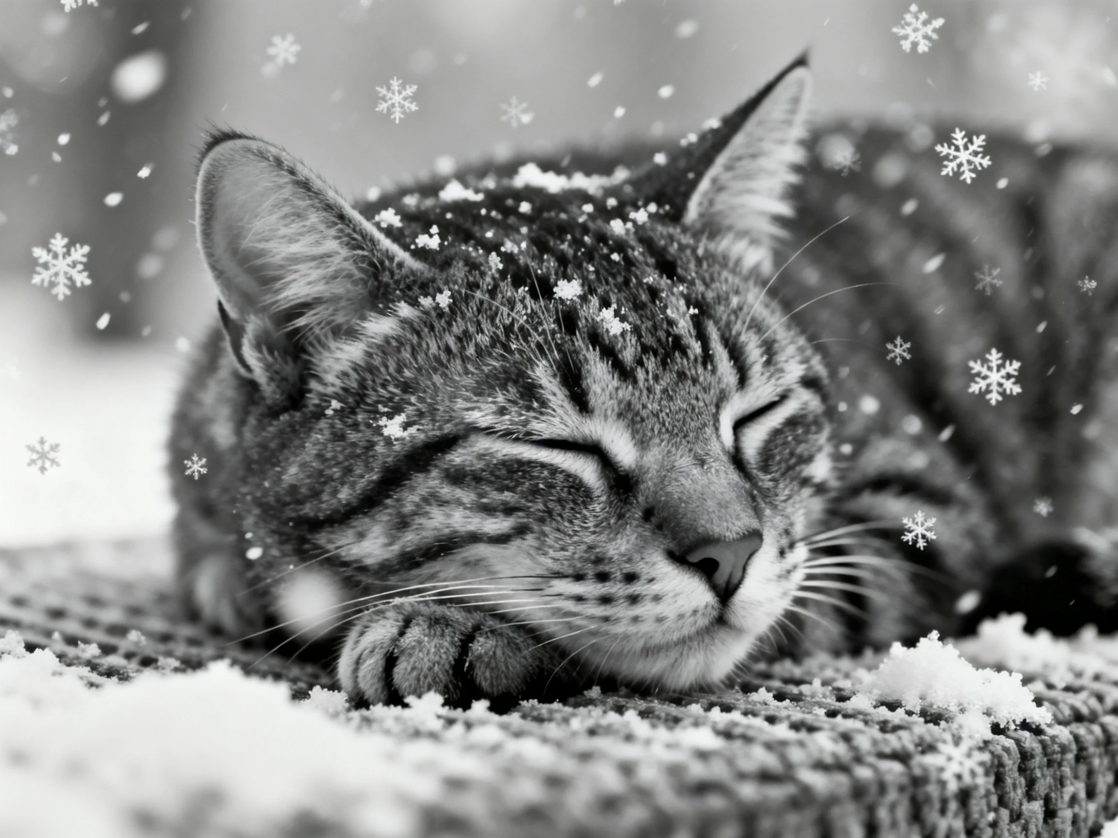 A tabby cat sleeps calmly among falling snowflakes in a wintry setting.