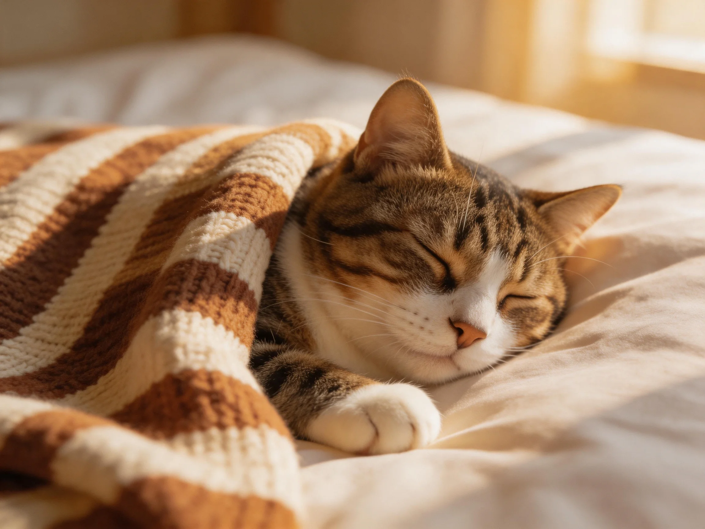 A tabby cat sleeps under a brown-and-white striped blanket on a bed