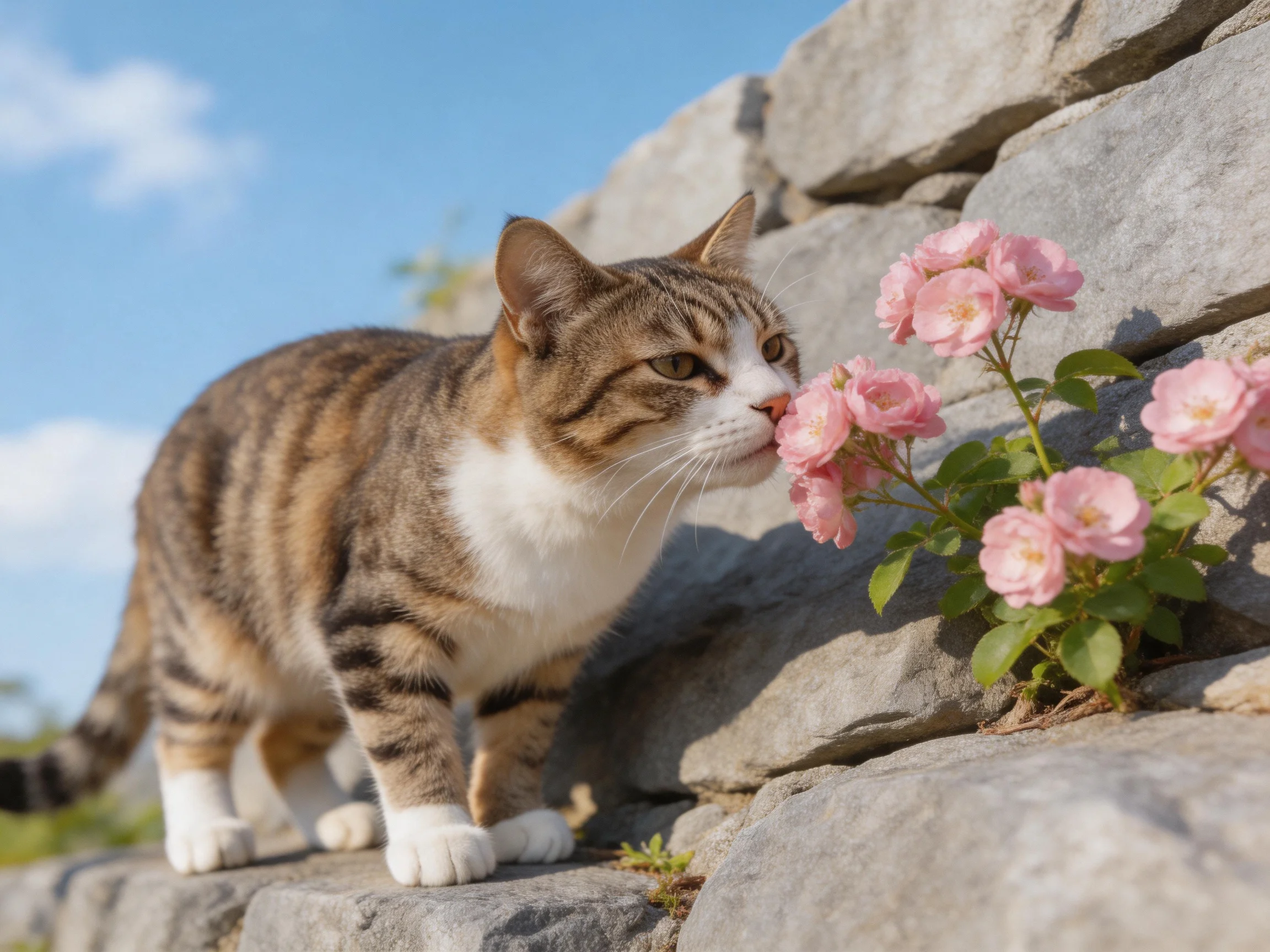 A tabby cat sniffs pink roses against a gray stone wall