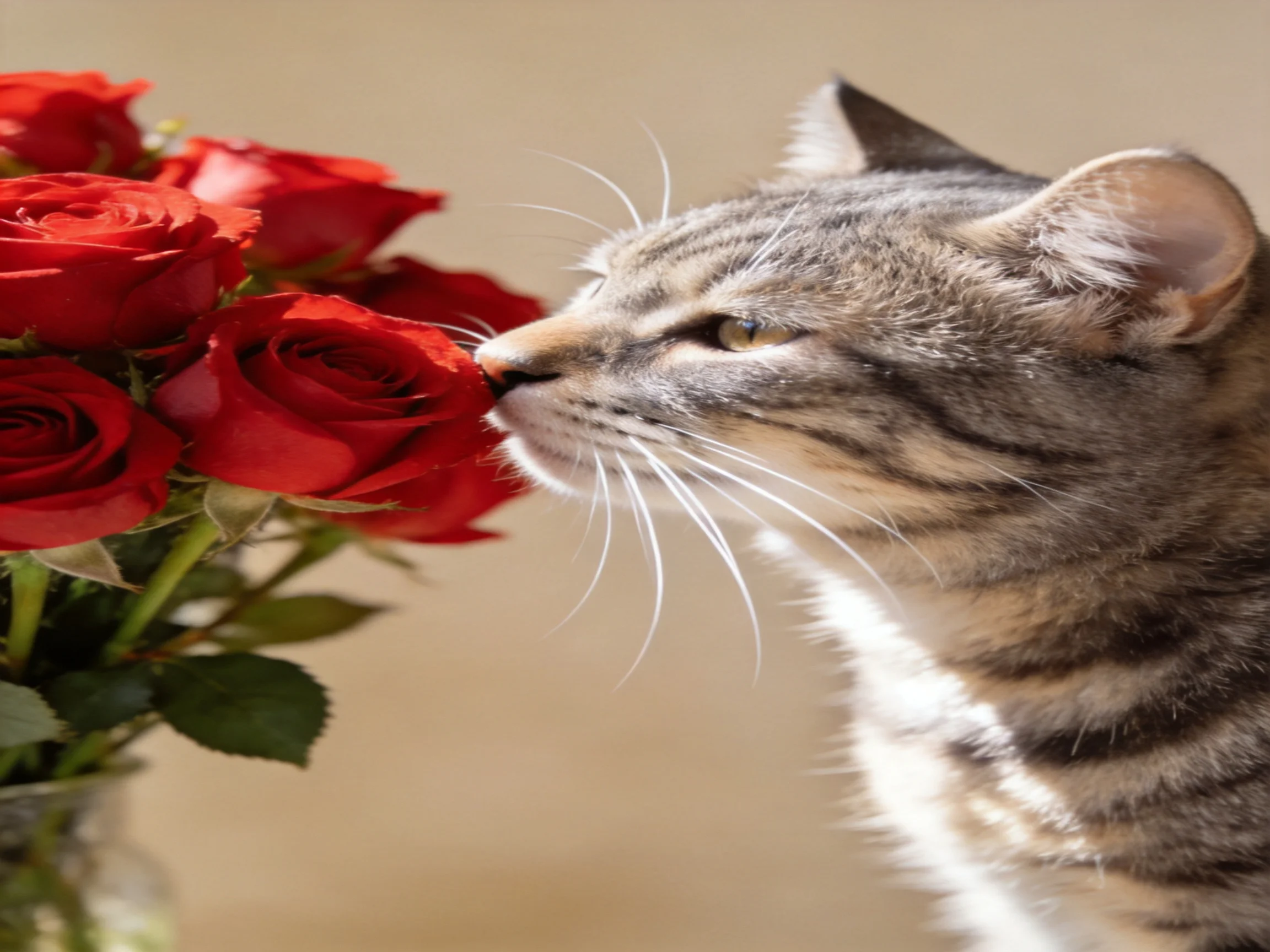 A tabby cat sniffs vibrant red roses in soft natural light