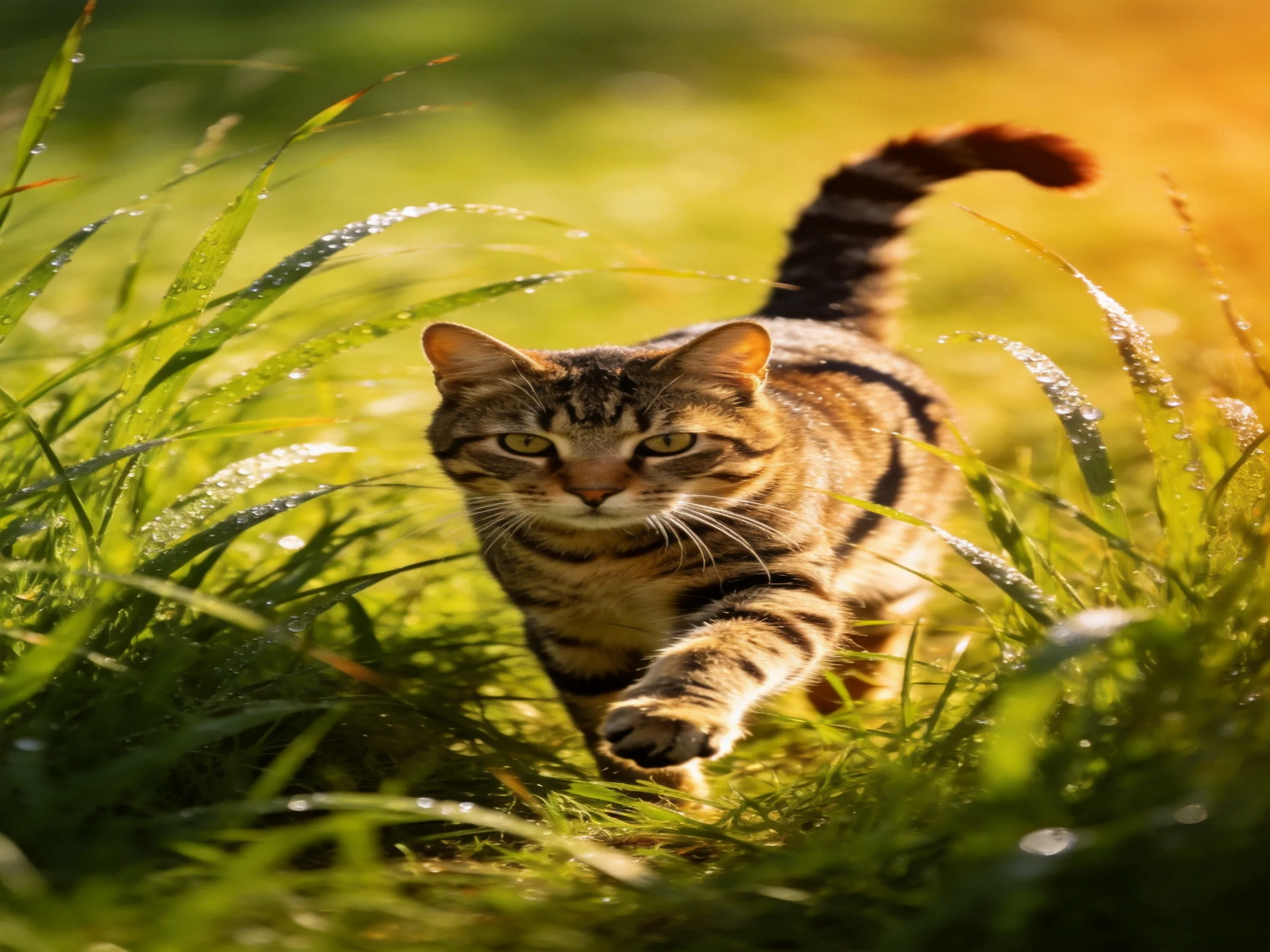 A tabby cat stalks through dewy, golden-green grass