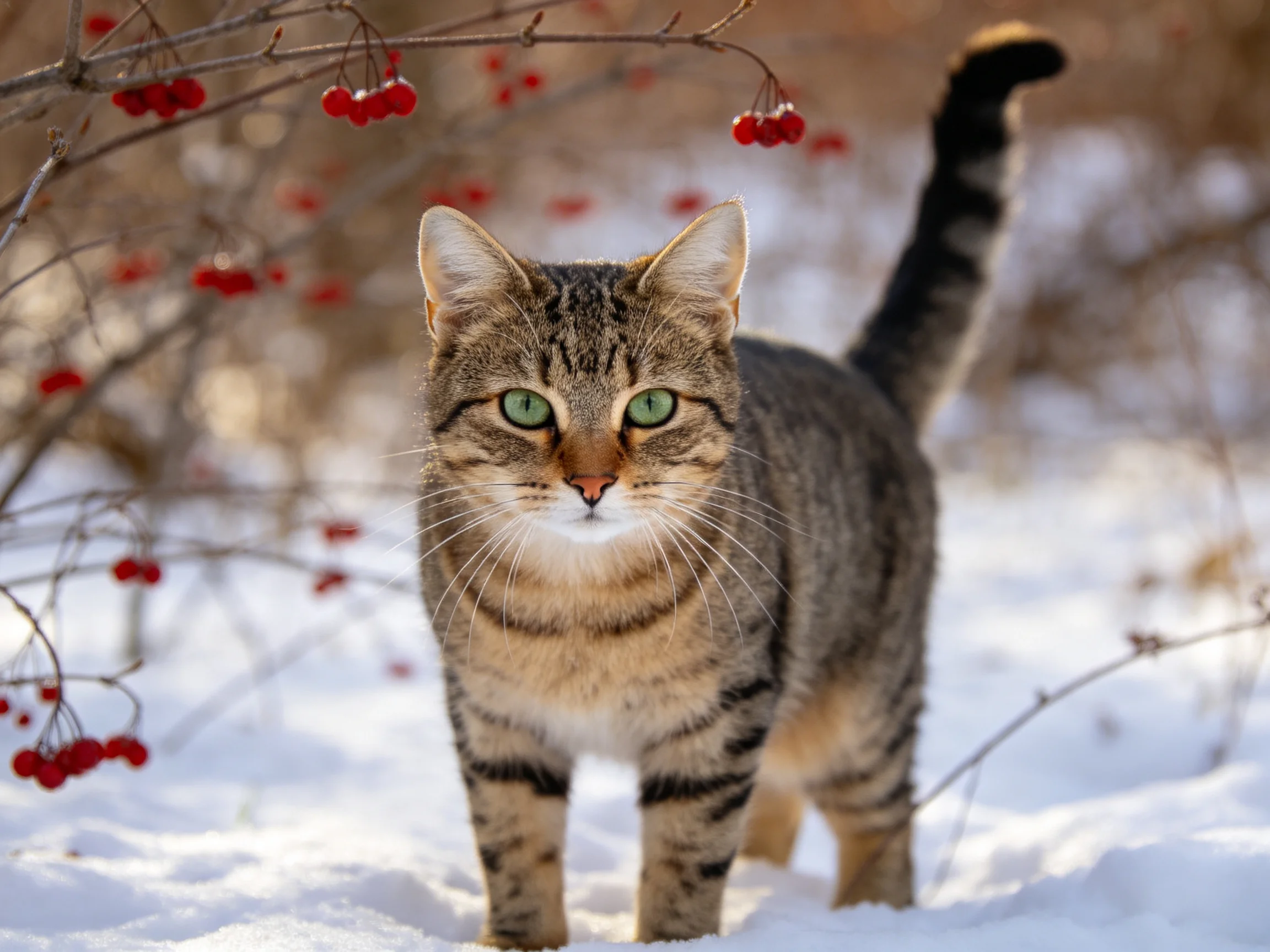A tabby cat walks through snow near red berry bushes.