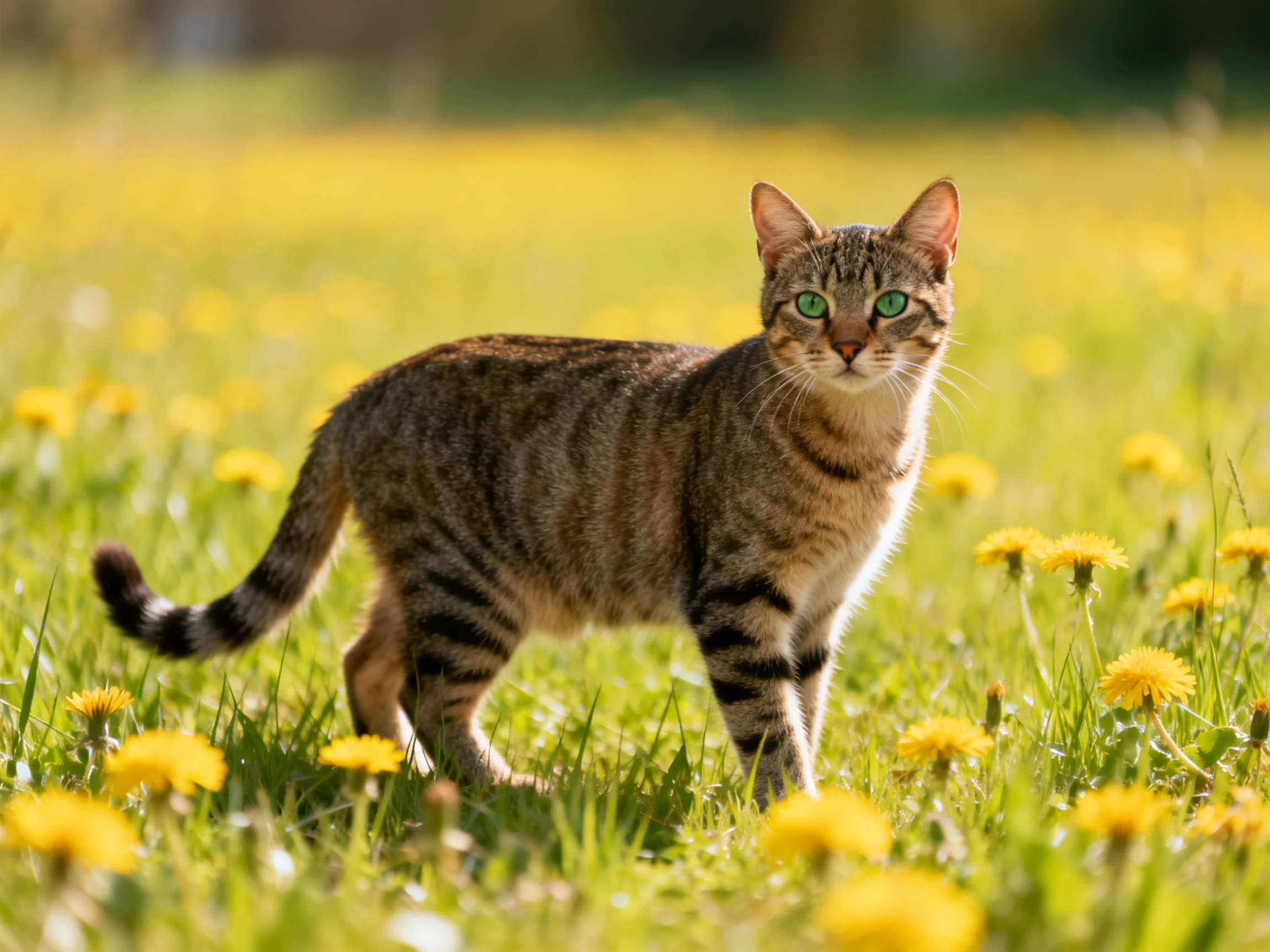 A tabby cat stands among yellow dandelions in a sunlit grassy area.