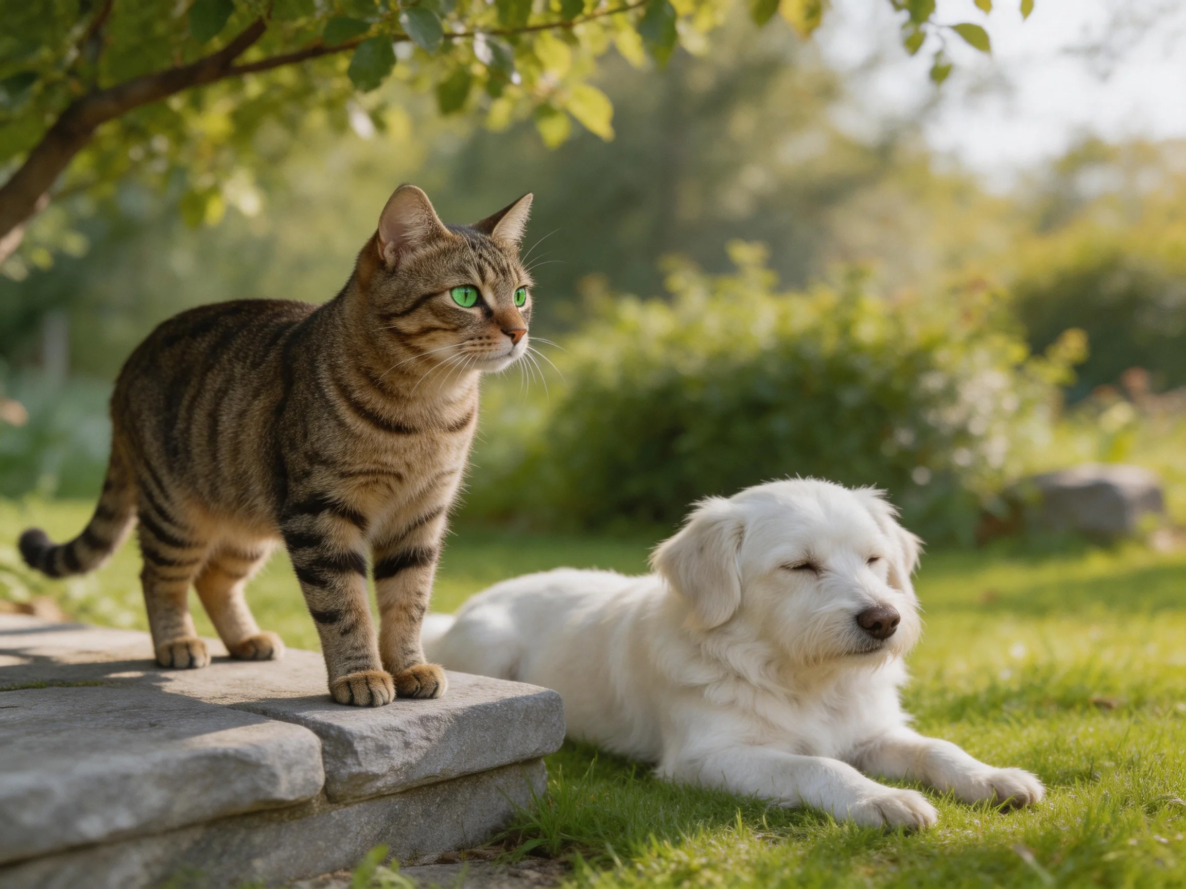 A tabby cat stands beside a resting white dog in a sunlit garden